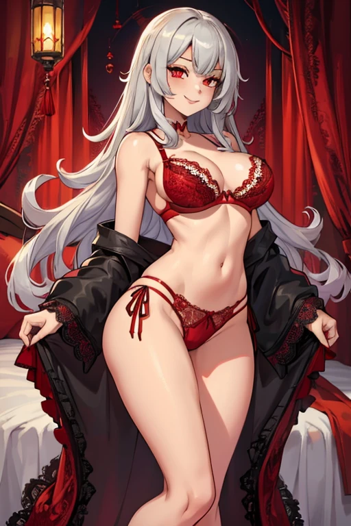 female, silver long hair with black highlights, red eyes, (((1girl))), (((red lace bra))), (red lace panties), cute and sexy, full body, large breasts, large butt, long legs, smiling