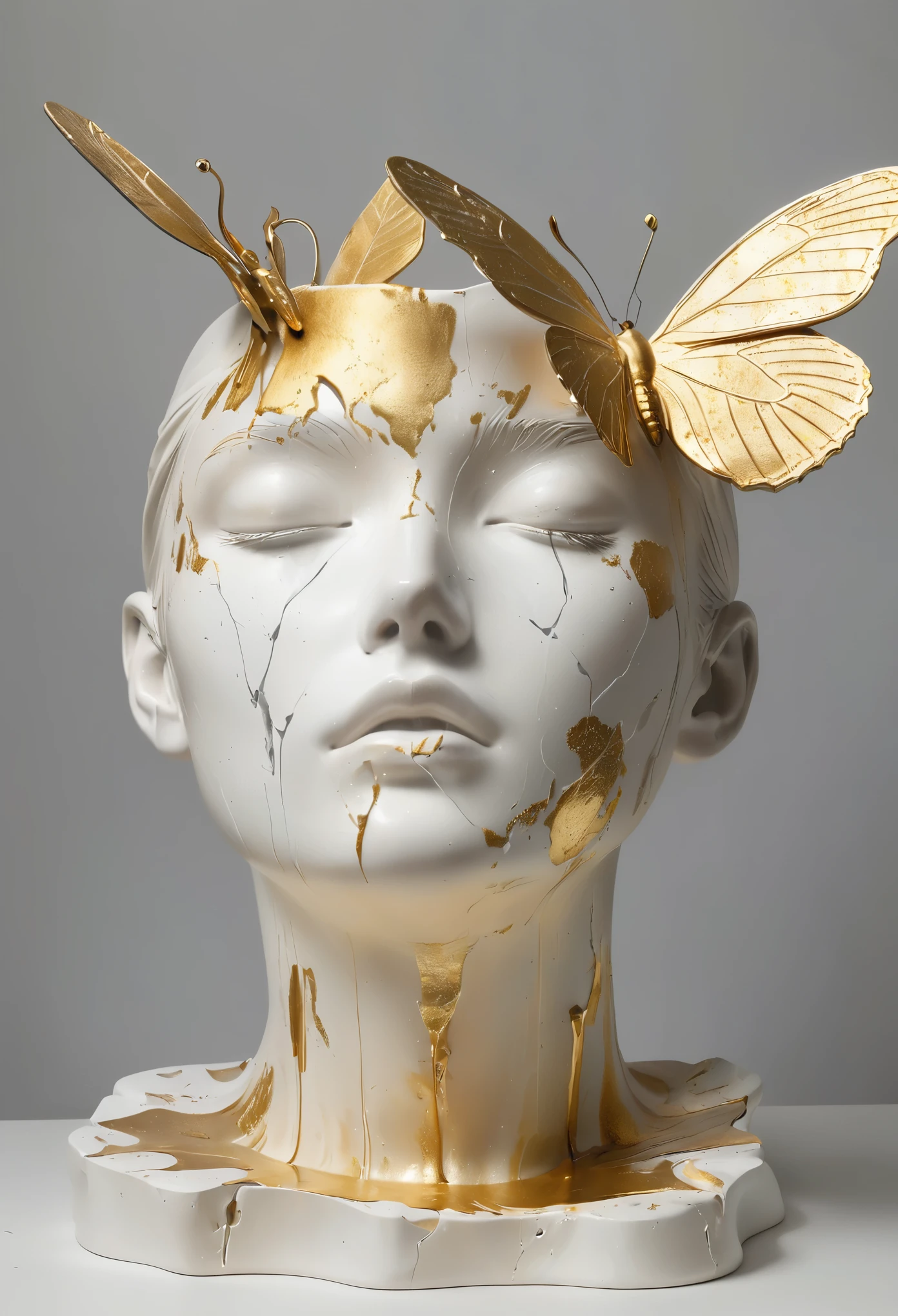 ((display，Still life table，Artistic statues，3D Sculpture，ceramics，Surface cracks，Shattered Texture)), Showing the beauty of nature.gold，Golden powder， This artwork is presented on a grey background，To emphasize its artistic quality.
