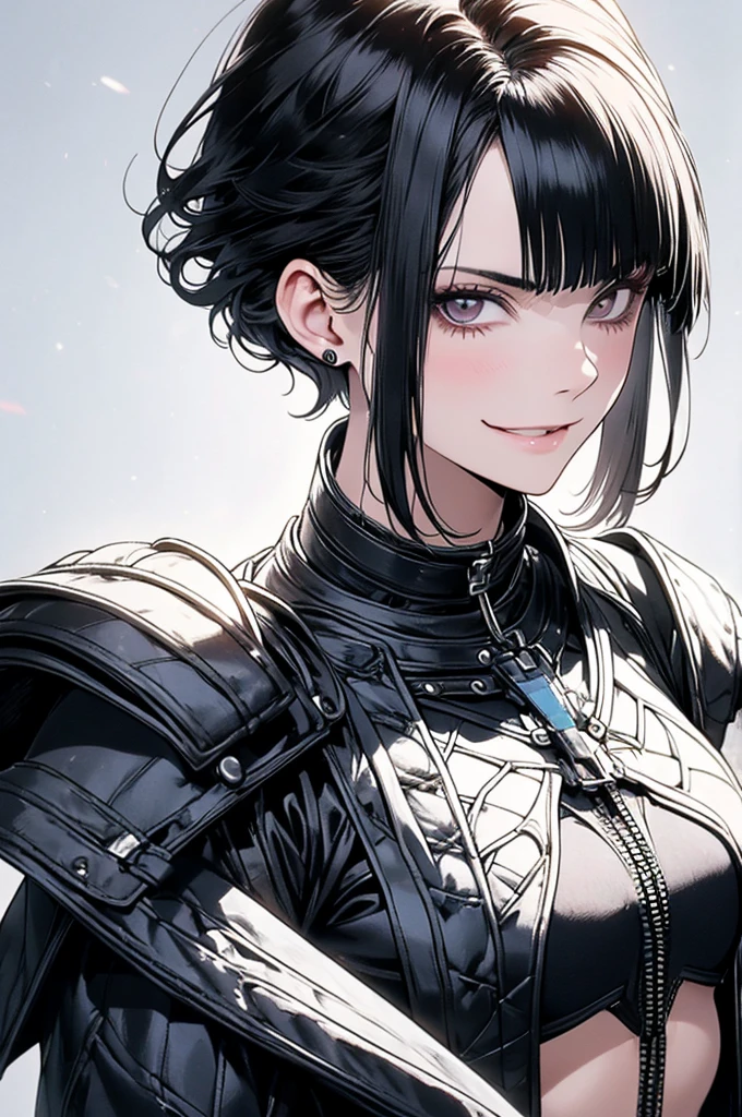 mulher jovem,short black hair , badass , full ancient armor,coxas torneadas,Evil Smile,juri han,chifres de cabelo,detalhes do corpo
