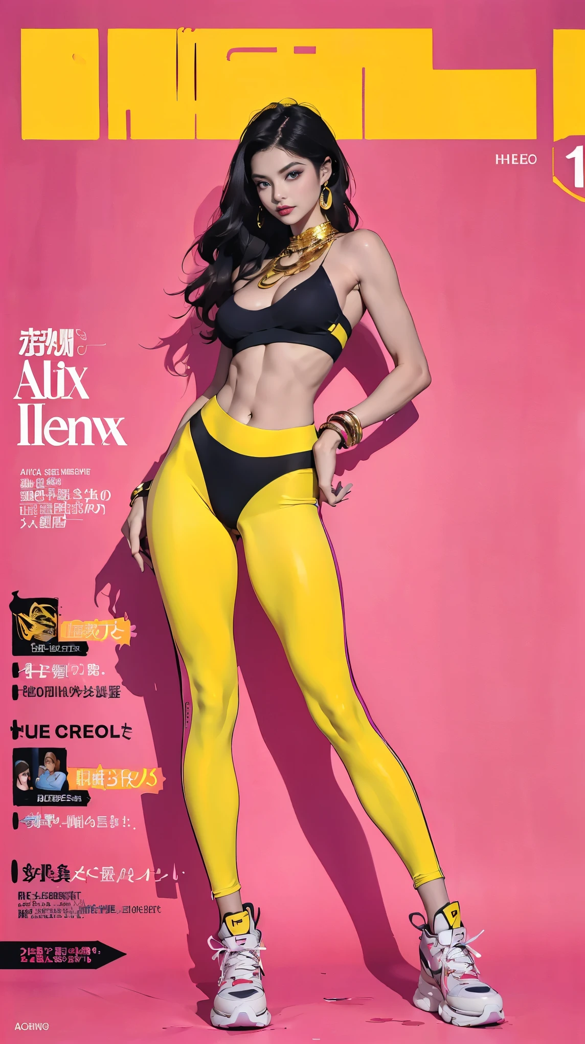 nsfw, (masterpiece:1,2, best quality), (magazine cover), (colorful Magazine cover abundant with text), vibrant, eye-catching paintings, Comic cover style, glamorous, enticing, stylish, chic, high-fashion, captivating, elegant, trendy, fashionable, radiant, attention-grabbing, dazzling, sophisticated, stunning, dramatic, bold, Featured Cartier Kim, a captivating figure from a Hong Kong-Malaysian background, ((Renowned for her elegance and ethereal beauty)), an embodies the essence of a modern-day 'Crazy Rich Asian', ((She is a vision of provocative elegance)), ((Her physique is a epitome of supermodel beauty)), ((dedicated self-care)), (((a sun-kissed tan skin))), (Her long and silky black hair cascades elegantly down her back), (Her eyes are striking and yellow, thanks to contact lenses), ((a physique with a flat abdomen)), ((a peachy posterior)), (((perfectly round and perky F-cup breasts))), (((She is wearing a provocative, black mesh sports bra from Gucci, designed to expose her toned abs and accentuate her bust))), (((paired with ultra-low-rise skintight neon leggings from Fendi designed to showcase her shapely hips and rear))), She accessorizes with a statement diamond necklace and a gold body chain from Cartier, draped across her abs to further highlight her figure, ((with high-top sneakers from Balenciaga)), adding an edgy touch, (exceptionally detailed:1.3), super finely detailed hands, ultra finely detailed fingers(((ten fingers))), (posing elegantly), (((show full body))), (no logos in the background), (no logo).