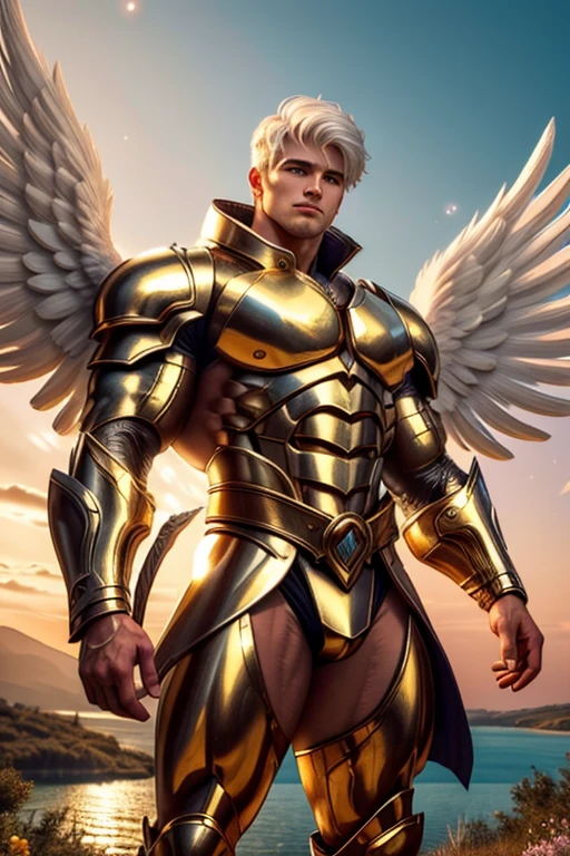 ((Best quality)), ((masterpiece)), (detailed), ((perfect face)), ((halfbody)) perfect proporcions,He is a handsome angel, 25 years old, white hair, he has white wings, He wears bronze armor, with wide massive sparkling luminous detailed angel wings, he has honey-colored eyes, There is a pink sky behind him, muscular male, he is a warriorangel, There is a sunset sky, he spreads his white angel wings there is a lake in the background, he has a metal belt, ((perfect face))