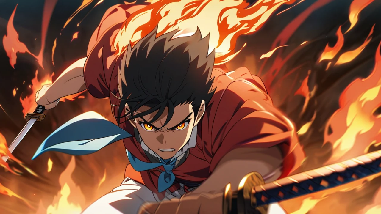 Anime,male,black hair,orange eye,school uniform(red outfit,white pants,blue tie),katana,fire effect,samurai style