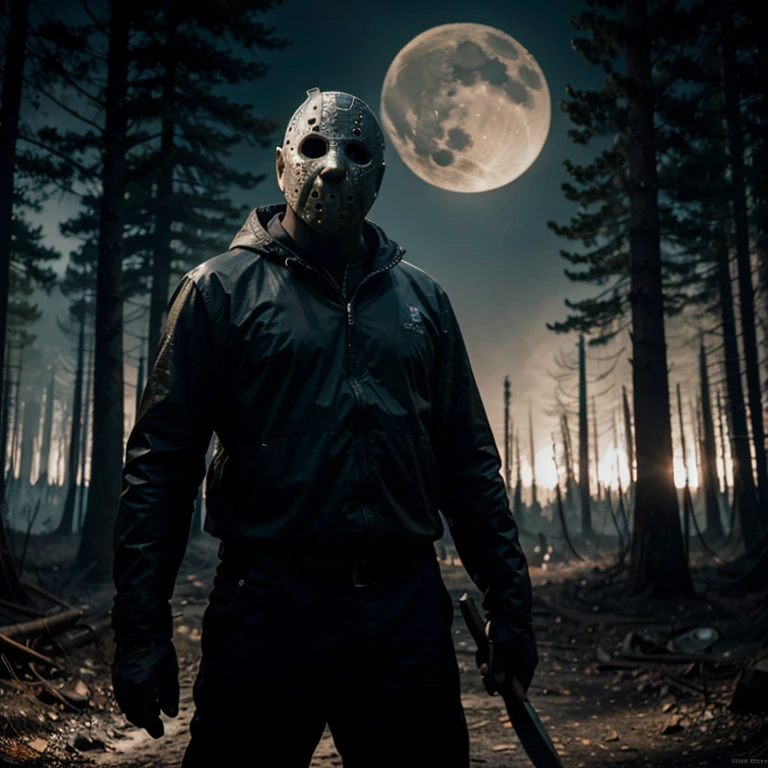Photorealistic Jason Voorhees acts as the winner, standing while holding a large toy machete, the forest burning in the background, his mask large and the moon dark. Double exposure. with Artgerm art style.