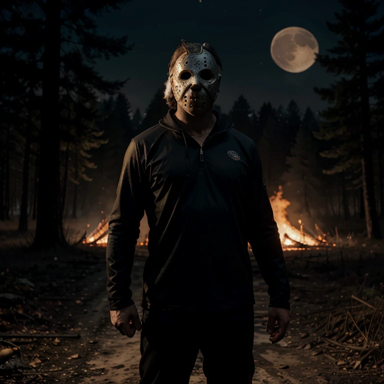 Photorealistic Jason Voorhees acts as the winner, standing while holding a large toy machete, the forest burning in the background, his mask large and the moon dark. Double exposure. with Artgerm art style.