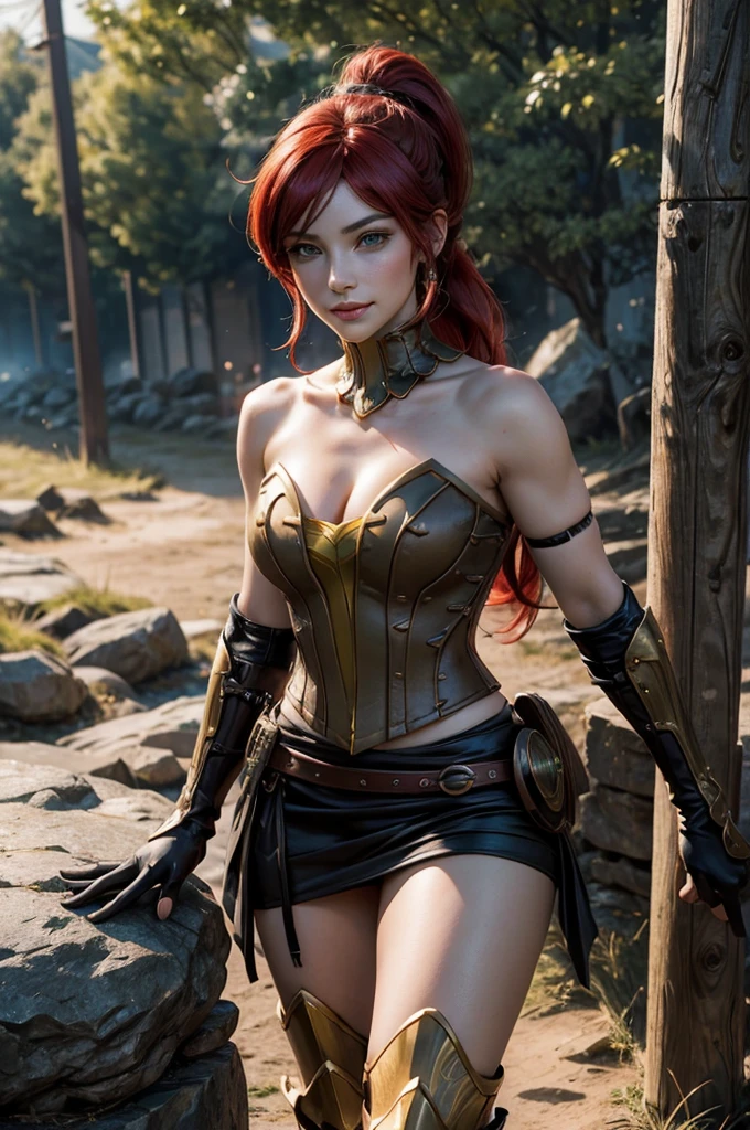 stunning girlfriend, heart shaped face, elegant face, beautiful face, highly detailed face, highly detailed skin, skin pores, subsurface scattering, realistic pupils, full lips, detailed background, depth of field, atmospheric perspective, volumetric lighting, sharp focus, absurdres, realistic proportions, good anatomy, (realistic, hyperrealistic:1.4), 16k hdr, ((best quality)), ((highly detailed)), absurdres, (detailed eyes, deep eyes), (1girl), full body, pyrrha nikos, rwby, red hair, ponytail, green eyes, medium breasts, smile, circlet, bustier, bare shoulders, skirt, elbow gloves, bracers, armored boots,  standing, on mountain side, crowd
