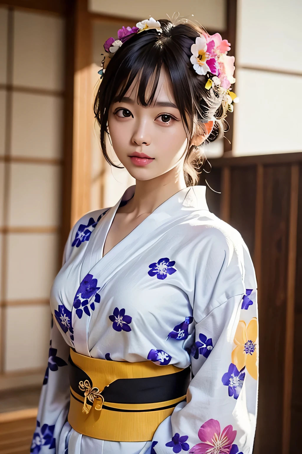 Her large breasts accentuate her cleavage.、(masterpiece、highest quality:1.4)、Beautiful Face、8k、85mm、Confused、(Floral Yukata:1.4)、Face close-up、Delicate girl、20 year old Japanese solo、Seeing the viewer、Upper Body、Film Grain、chromatic aberration、Sharp focus、Sophisticated、(smile:0.4)、(Simple Background、Background blur:1.2)、Detailed aspect