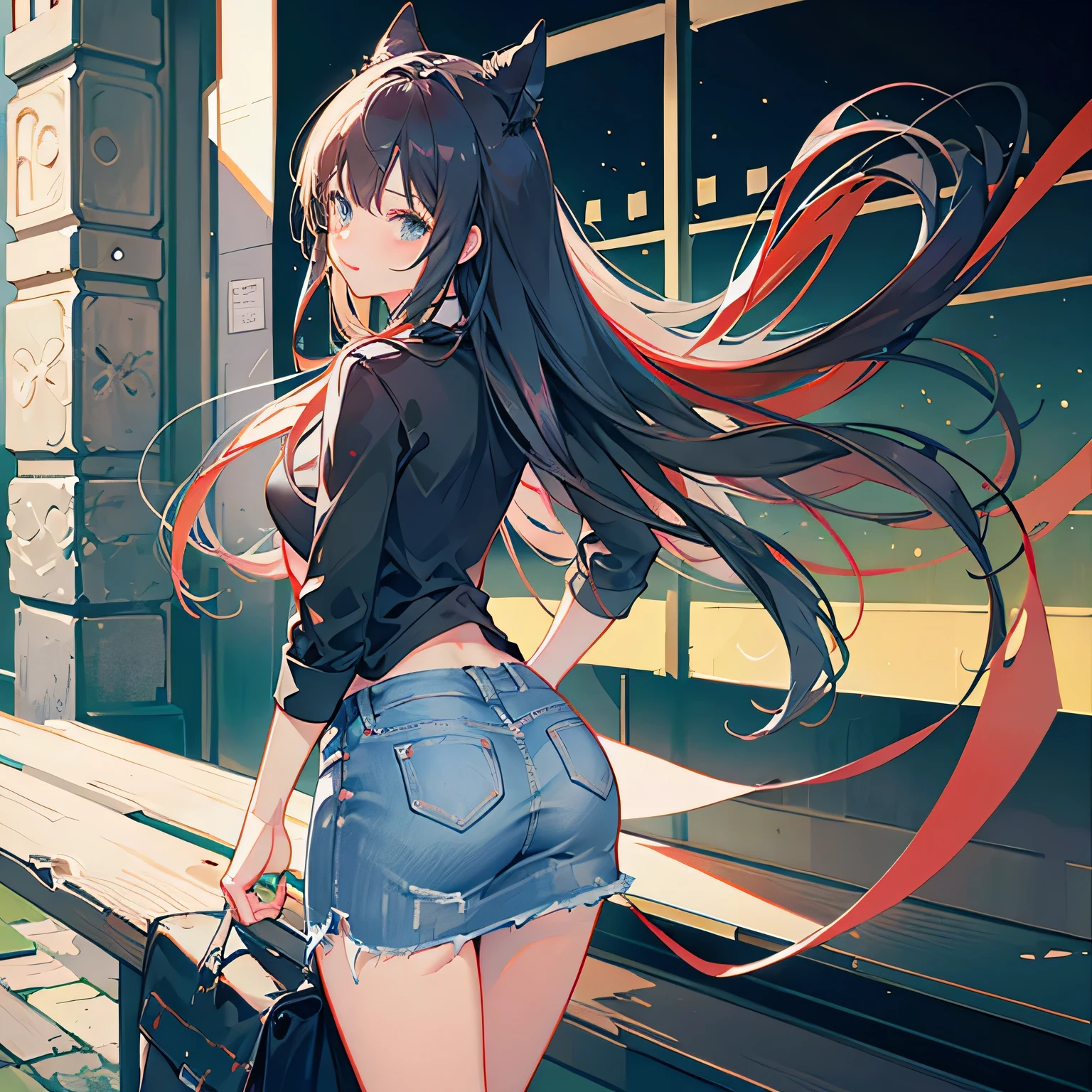 looked back、Butt、Denim skirt、Sexy、cute