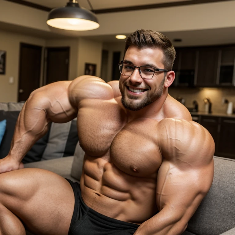 Nerdy Glasses.Muscle Daddy. Bright and thick silver cross on a massively thick chain. A very handsome, sweet and truly massive monster Caucasian bodybuilder is showing off his huge bicep muscles and meaty thighs. Smiling young adult. brown hair, powerfully muscled, massive shoulders and biceps. well-defined six pack. Black shorts. Living room scene, sat next to  wife