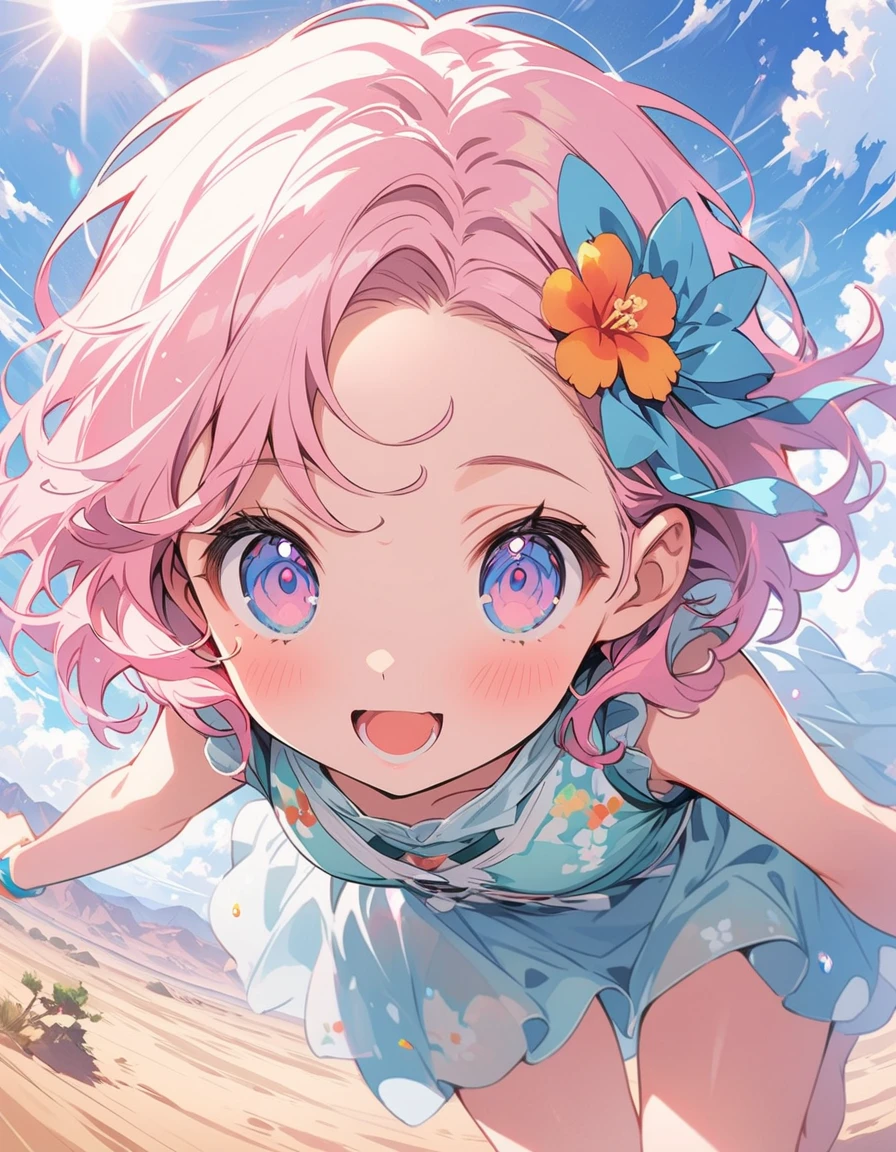 summer, desert, Pink Cloud, A land of roses, Art Station Rendering, Ultra-wide-angle lens, High resolution、floating, (High saturation), (Shine), Focus on the face, (highest quality、masterpiece、High resolution、detailed)、Anime Style、Flat Style、
