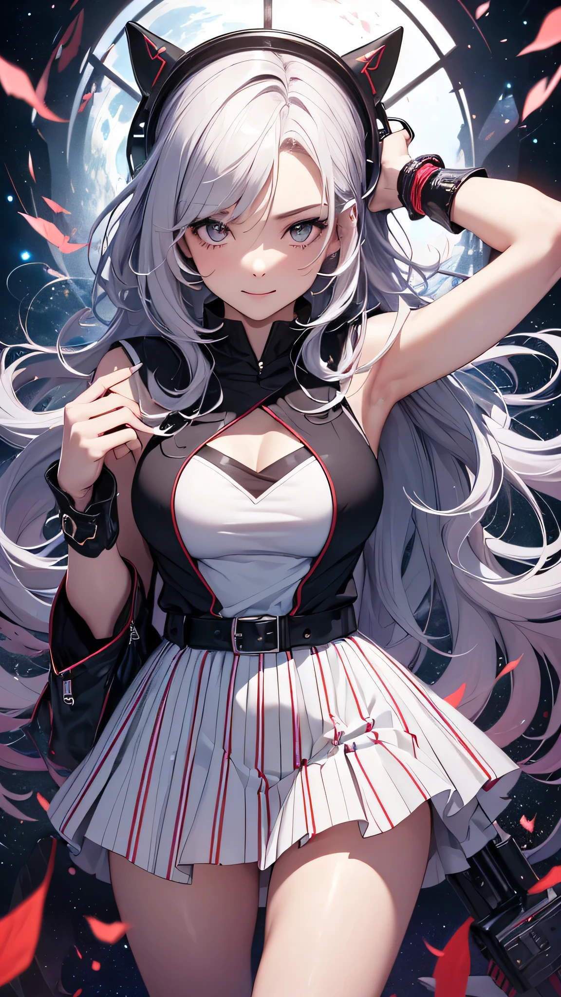 最high quality、Best image quality、masterpiece、girl((18-year-old、 By becoming、Best Bust、Medium Bust,Wide open breast tea、Red glowing eyes,Silver Hair、Disheveled Hair、Long Hair、thin,The highest valley、Open chest、White wristband、smile、hair ornamentany accessories、Black sleeveless hoodie(1:2)、Blue short skirt、Angle from directly above、Disheveled clothing、Show the whole body,)),high quality、Beautiful art、background((Cosmic))、Flight、Flying debris、Written boundary depth、movie、Visual Arts、Perfect art、8K,Genuine、