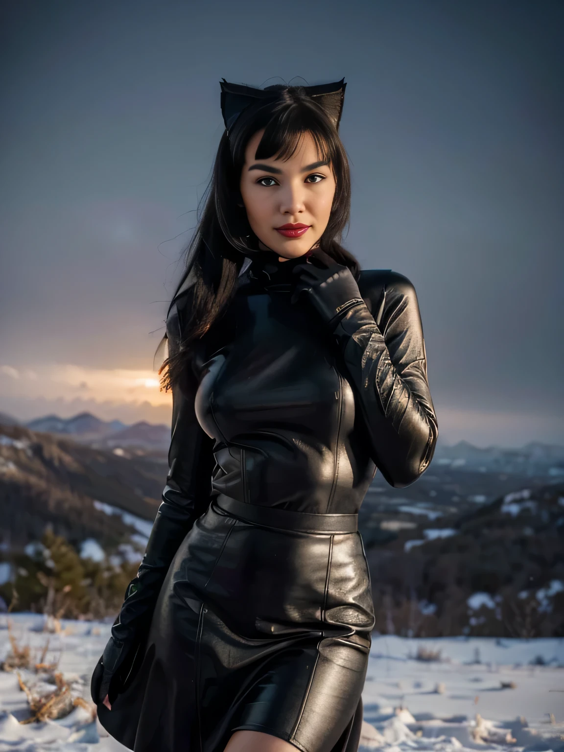 proFessional portrait photograph oF a gorgeous smiling catwoman,Bettie page girl in winter clothing ,ponytail Black hair, red lipstick,black long maxi-skirt(black long maxi-skirt:1.2),sultry Flirty look, gorgeous symmetrical Face, joli maquillage naturel, wearing elegant warm winter Fashion clothing,flirting with the camera, ((black leather gloves)),  (standing in front of me on teh edge of a mountain waitin for love )), ultra realistic, art conceptuel, elegant, Very detailed, complexe, sharp Focus, depth oF Field, F/1. 8, 85mm, (((proFessionally color graded))), bright soFt diFFused light, (volumetric Fog), tendance sur Instagram, hdr 4k, 8K