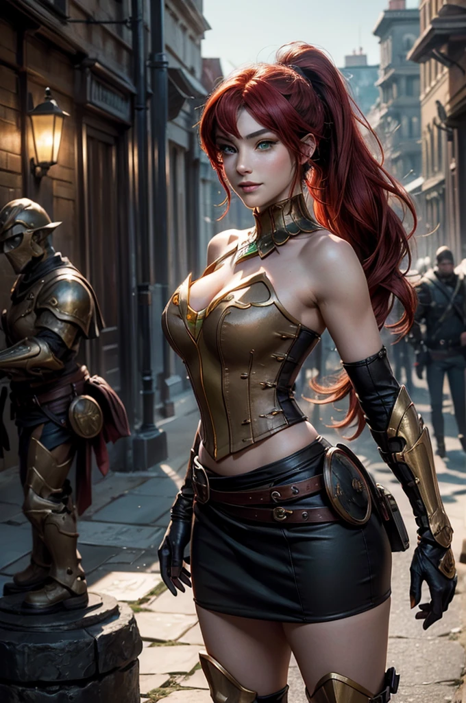 stunning girlfriend, heart shaped face, elegant face, beautiful face, highly detailed face, highly detailed skin, skin pores, subsurface scattering, realistic pupils, full lips, detailed background, depth of field, atmospheric perspective, volumetric lighting, sharp focus, absurdres, realistic proportions, good anatomy, (realistic, hyperrealistic:1.4), 16k hdr, ((best quality)), ((highly detailed)), absurdres, (detailed eyes, deep eyes), (1girl), full body, pyrrha nikos, rwby, red hair, ponytail, green eyes, medium breasts, smile, circlet, bustier, bare shoulders, skirt, elbow gloves, bracers, armored boots, standing, on mountain side, crowd