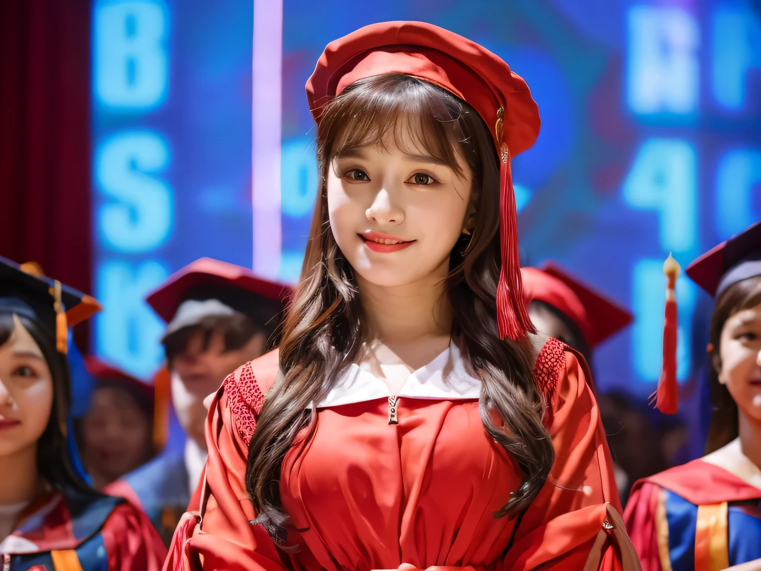 a Beautifull Woman Full body size image , wearing a Red dress with Graduation Gown and a Cap on her head with degree on her hand on the stage.