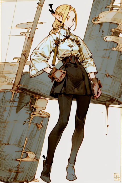 (masterpiece, Best quality) detailed, wear black tights, Silver Accessories , the zipper is not closed , blonde ,elegant, Pointed ears ，Whole body，Chinese elemental pattern，hip，漏出hip，White shirt