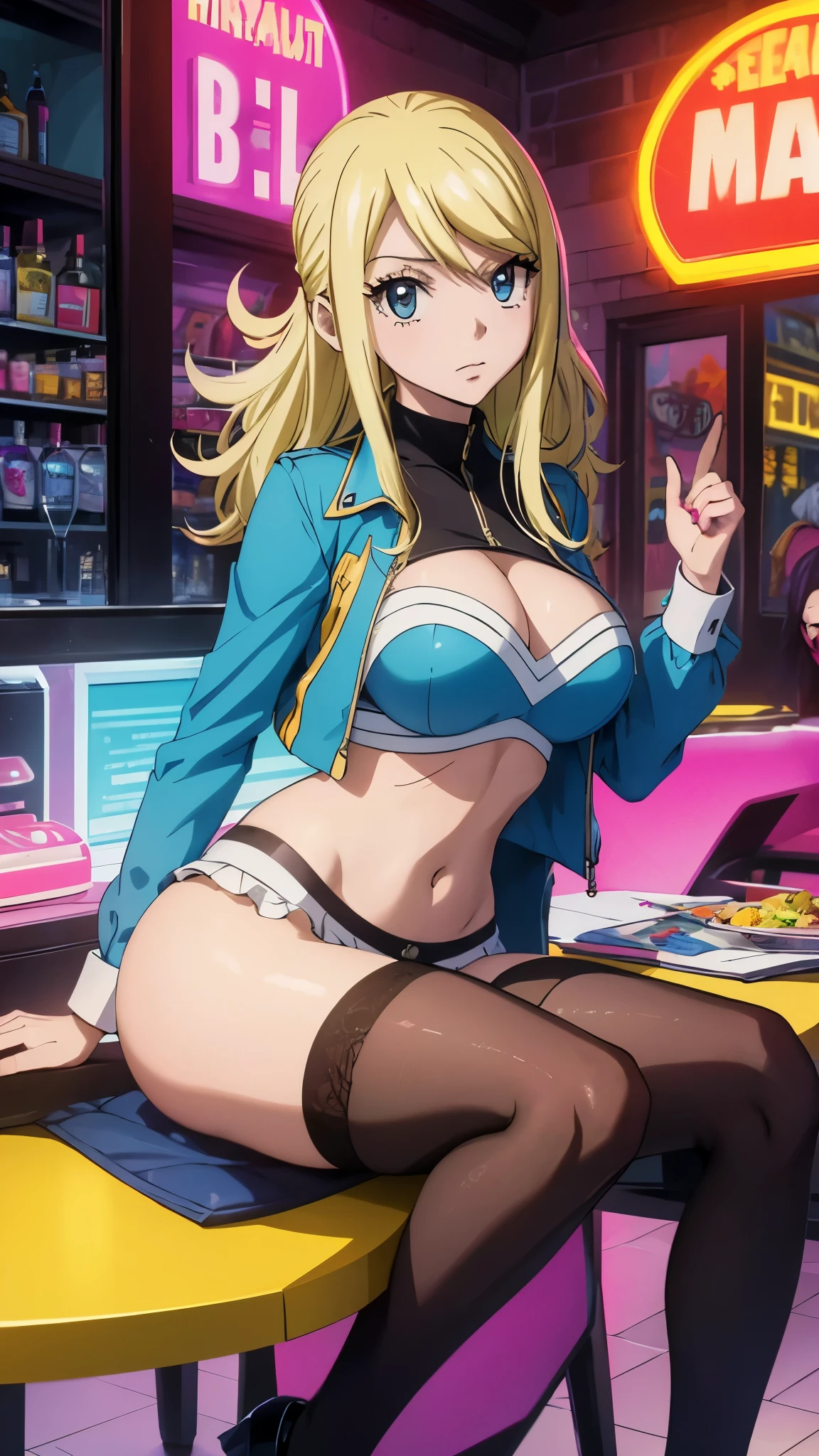 (best quality,highres:1.2),ultra-detailed,realistic,photorealistic:1.37,a beautiful girl (Lucy Heartfillia from Fairy Tail) model in a pop style,18 years old,long legs,medium breasts,extremely detailed face (with emphasis on azure eyes),wearing tight-fitting clothes (exposing the stomach),sitting in a perfect split pose,illustration,colorful pop art style,dynamic lighting,neon colors