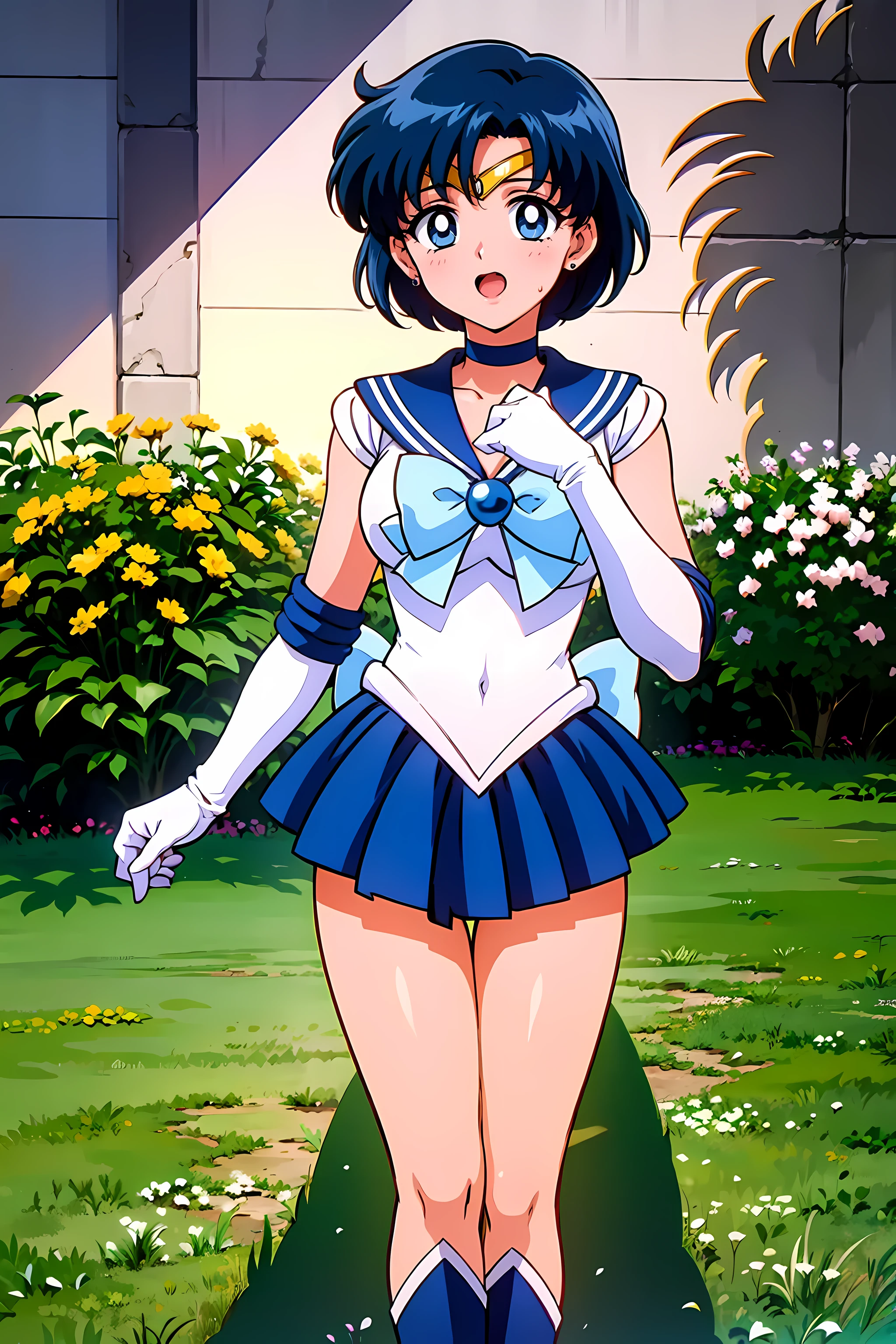 (highest quality:1.3),(ultra-Familiar:1.5),High resolution,extremely Familiar CG,unity 8k wallpaper,Official Art,Familiar,super Familiar skin,Perfect Anatomy,beautiful Familiar eyes,(Anime screenshots:1.11),Very delicate and beautiful,(90s Anime,90s Anime style,cell shaded anime:1.17),1 girl,alone,anmnr,
(mer1,1:1.52)), tiara, Sailor senshi Uniforms, Blue sailor collar, bow, Knee Boots, choker, White gloves, blue choker, elbow gloves, jewelry, Earrings, Blue Skirt,
((garden :1.2)),At dusk, ((Recommended for scenes with strong dark shadows:1.2)), Golden Flower ,Beautiful magic style, intense, Concept Art, Digital Painting,
blush, Open your mouth,Wind lift, Sexy pose, Outdoor,