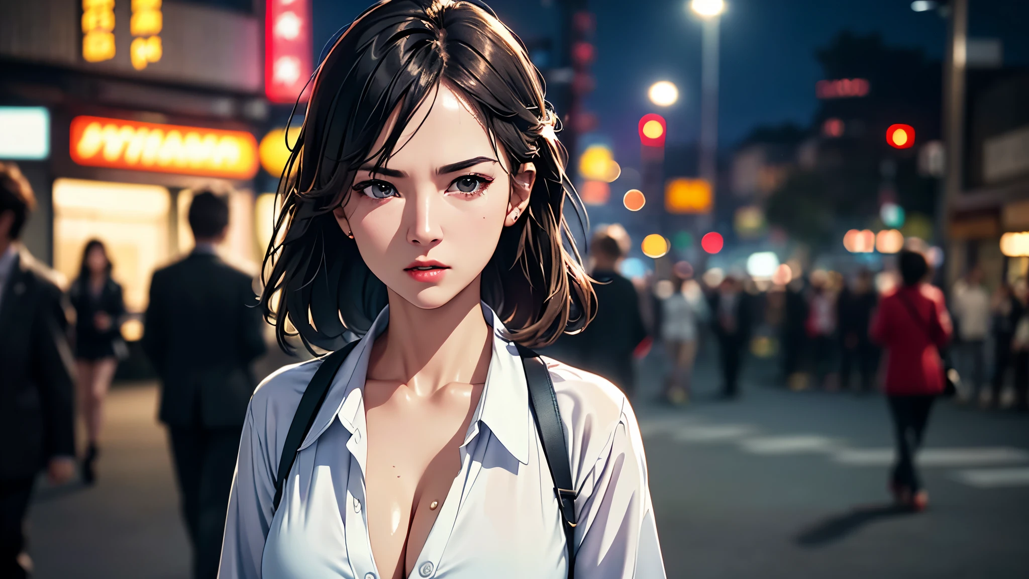 (((Practical photography))),, portrait, (Scared face:1.3),, beautiful girl, Looking at the audience, , (Uniforms:1.2), Button up your shirt and pants, , (Full cleavage:1),, in japanese street, (environment details:1.3),, (original photo, CG Unity, photography, ultra Practical details, Clear focus, Delicate skin,4K, High resolution, masterpiece, best quality, Practical, Energetic:1.2),, (8k,4K, Ultra HD, high resolution, professional, Movie, Movie, dramatic),, (Anamorphic depth of field blurred background), Detailed background,
