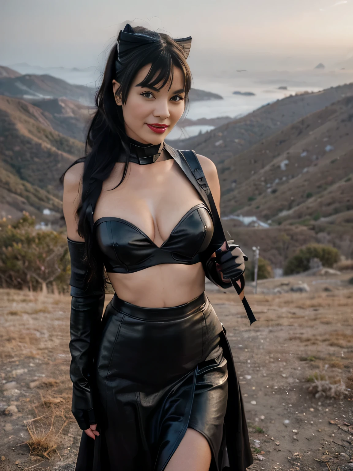 proFessional portrait photograph oF a gorgeous smiling catwoman,Bettie page girl in winter clothing ,ponytail Black hair, red lipstick,black long maxi-skirt(black long maxi-skirt:1.2),sultry Flirty look, gorgeous symmetrical Face, joli maquillage naturel, wearing elegant warm winter Fashion clothing,flirting with the camera, ((black leather gloves)), (standing in front of me on teh edge of a mountain waitin for love )), ultra realistic, art conceptuel, elegant, Very detailed, complexe, sharp Focus, depth oF Field, F/1. 8, 85mm, (((proFessionally color graded))), bright soFt diFFused light, (volumetric Fog), tendance sur Instagram, hdr 4k, 8K