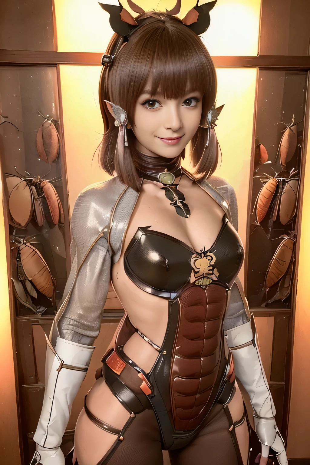 (high resolution,masterpiece,best quality,extremely detailed CG, anime, official art:1.4), realistic, photo, amazing fine details, all intricate, gloss and shiny,awesome many layers, 8k wall paper, 3d, sketch, kawaii, illustration,( solo:1.4), perfect female proportion,villainess, (fusion of dark brown cockroach and lady:1.4), (brown cockroach form lady:1.2), (brown cockroach lady:1.2), (fusion:1.2), (solo:1.4), (evil smile:1.2), muscular, abs, (cockroach brown exoskeleton bio insect suit:1.4), (cockroach brown exoskeleton bio insect armor:1.2), (brown transparency cockroach wing:1.4), (brown cockroach antennae:1.3),