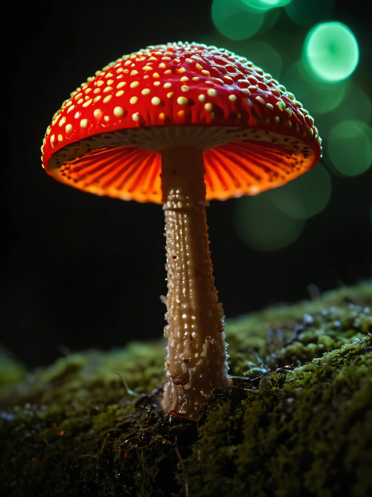 (art by Victor Brauner:0.9) , Fascinating 1 fly agaric mushroom, Patrones fluorescentes miserables, estilizado, el fondo es [Sofia|tunnel], bokeh, vergonzoso, Mushroom Core, 35mm, Vivid hue