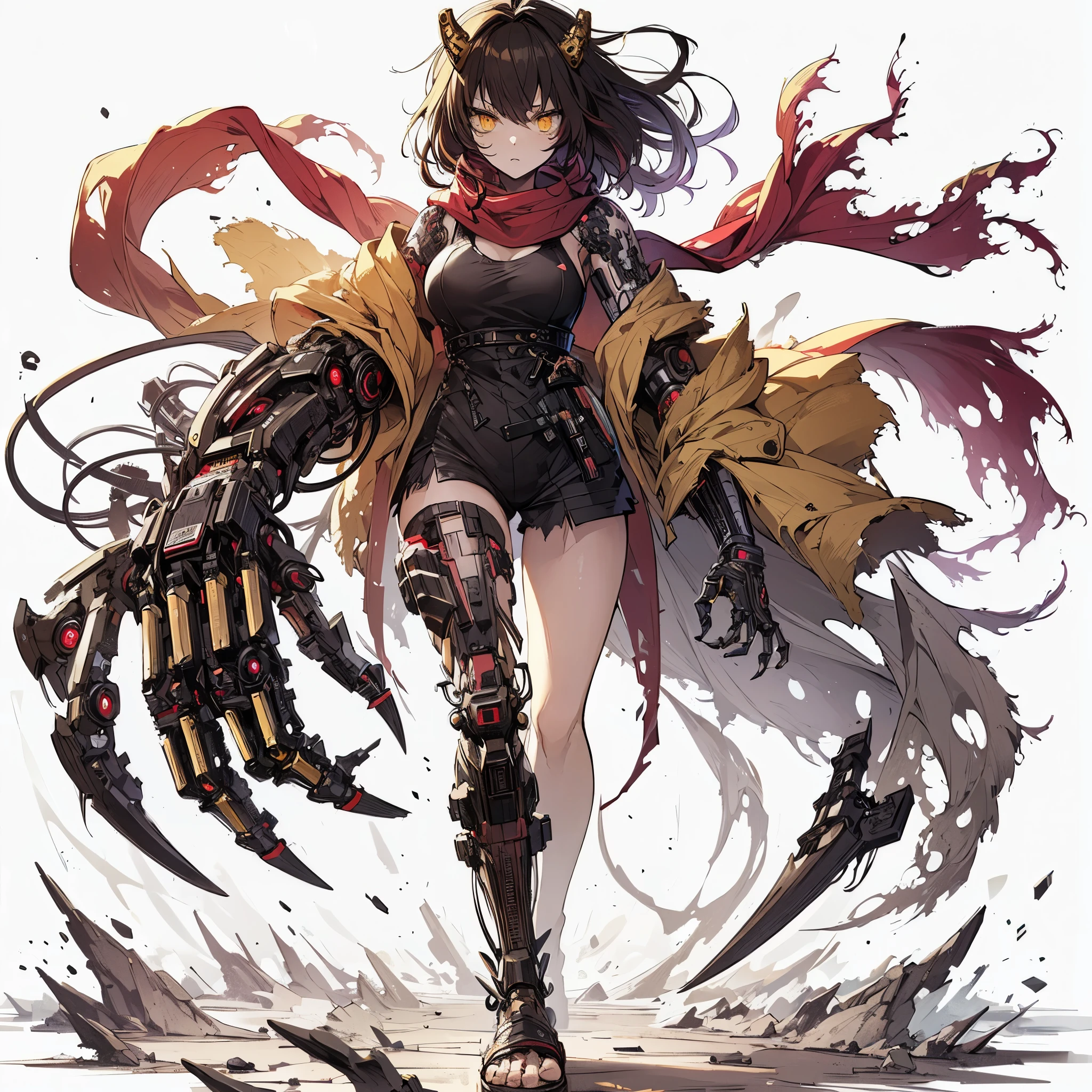 (Masterpiece, top quality), (detailed hair), super detailed, anime style, full body, solo, cyberpunk grappler girl, neck-length black-yellow hair, gold eyes, right hand converted to cybernetic terrifying claw. cyber-kimono, and torn red scarf, cyber horned, wearing tabi sandal, white background, whole body, standing in wasteland, fighting pose