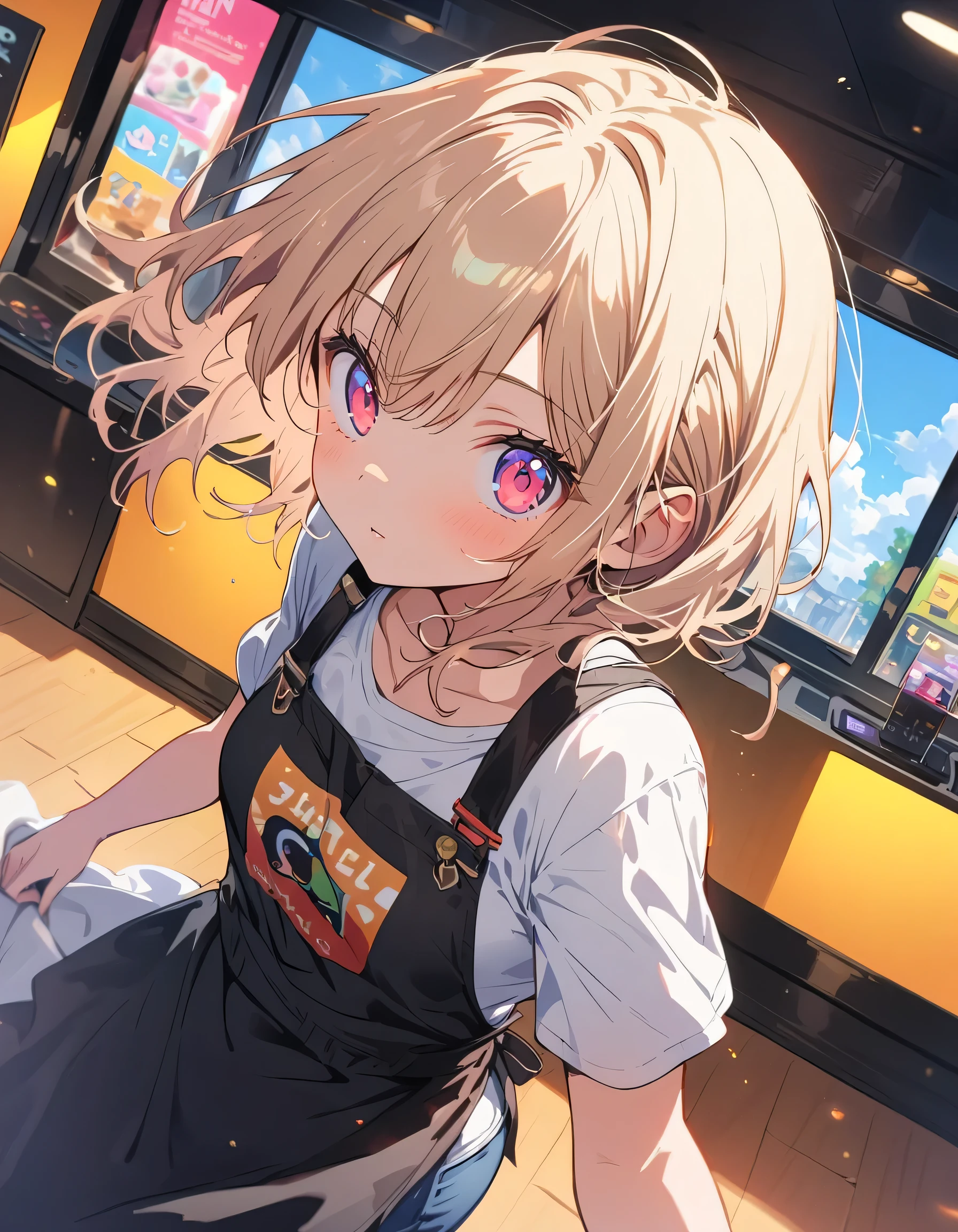 1 girl、Confused eyes、(Game shop clerk、Casual outfit of jeans and a T-shirt、Shop apron、In the game store)、Background Blur、(highest quality、masterpiece、High resolution、detailed)、anime style、Flat Style、, BREAK,(Beautiful Eyes, Delicate and beautiful face,),  extremely detailed、,1 girl、floating, (High saturation), (Shine), Focus on the face, Dynamic Angle、anime