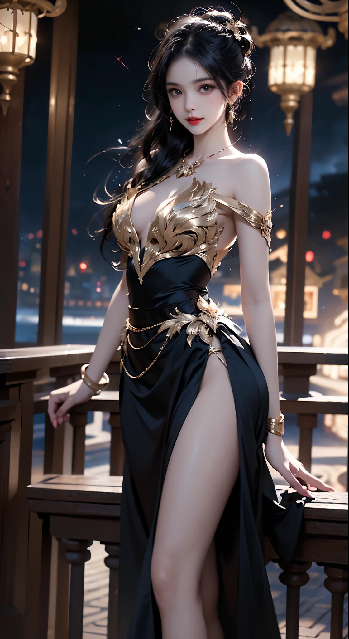 constellation, ((Bare shoulders)), ((Full breasts)), ((The skirt is short)), ((Sexy legs)), ((whole body)), Practical, Fashion girl, Red lips, Mature women, Exquisite makeup, big eyes, beautiful, (best quality, masterpiece:1.2), Ultra Detailed, (Practical:1.37), ((Random scenes, Random shooting angles)), ((Sexy long legs)), Young and energetic, Charming model, (Delicateeyes, Delicate lips), Show a bright smile, Create stunning girl images, warm color, Very high color saturation, Official Art, Extremely detailed CG, Unity 8K Wallpaper, (High Dynamic Range :1.4), (Movie atmosphere),(Soft colors), (Natural skin texture, ultra-Practical, Soft Light, sharp),(Very detailed), night, moonlight