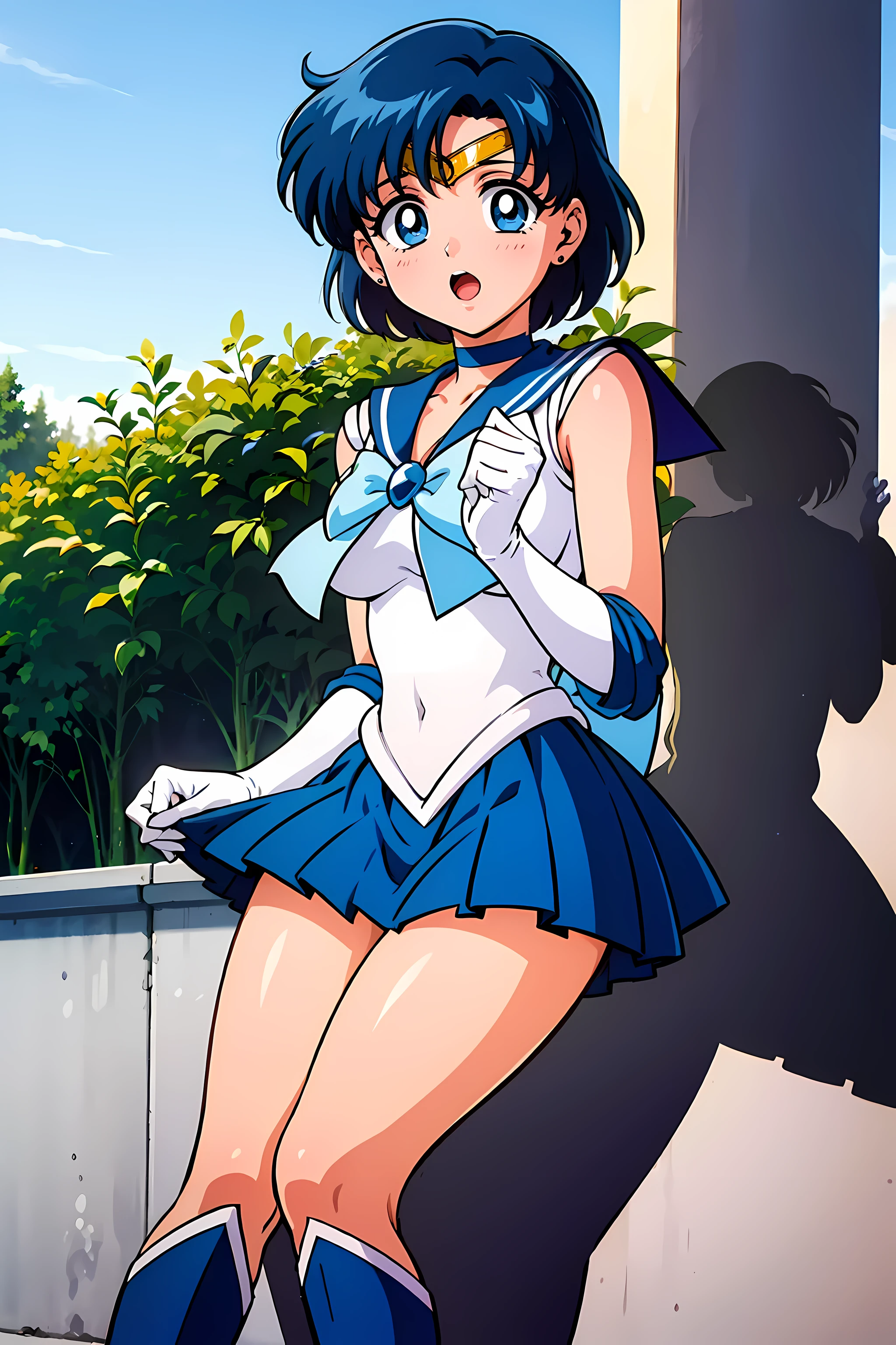 (highest quality:1.3),(ultra-Familiar:1.5),High resolution,extremely Familiar CG,unity 8k wallpaper,Official Art,Familiar,super Familiar skin,Perfect Anatomy,beautiful Familiar eyes,(Anime screenshots:1.11),Very delicate and beautiful,(90s Anime,90s Anime style,cell shaded anime:1.17),1 girl,alone,anmnr,
(mer1,1:1.52)), tiara, Sailor senshi Uniforms, Blue sailor collar, bow, Knee Boots, choker, White gloves, blue choker, elbow gloves, jewelry, Earrings, Blue Skirt,
((garden :1.2)),At dusk, ((Recommended for scenes with strong dark shadows:1.2)), Golden Flower ,Beautiful magic style, intense, Concept Art, Digital Painting,
blush, Open your mouth,Wind lift, Sexy pose, Outdoor,