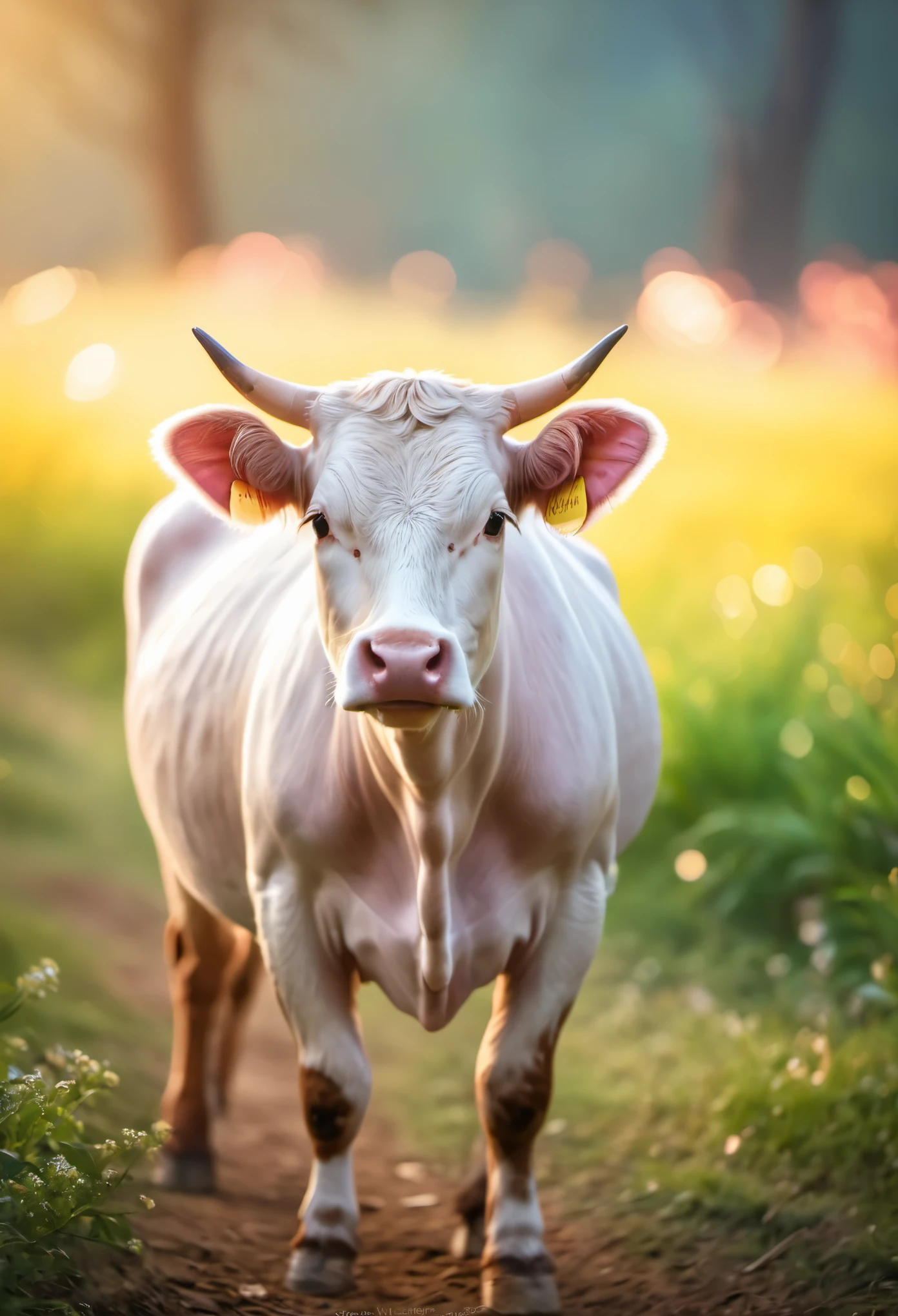 (mejor calidad,absurdos,obra maestra:1.4), una linda vaca, en suaves colores pastel, Brillantina, bokeh claro, dynamic angle, natural soft lighting, 8k resolution, illustration, fondo de granja