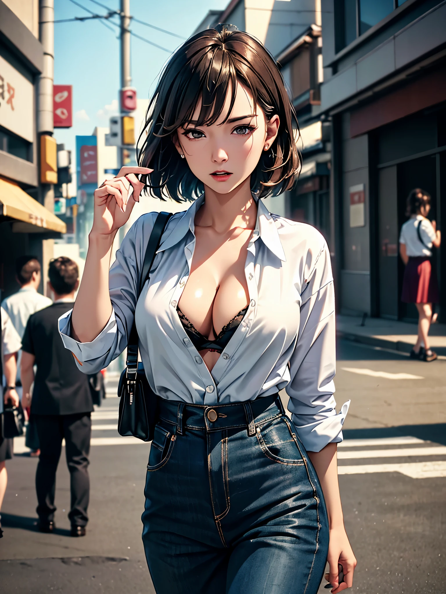 (((Practical photography))),, portrait, (Scared face:1.3),, beautiful girl, Looking at the audience, , (Uniforms:1.2), Button up your shirt and pants, , (Full cleavage:1),, in japanese street, (environment details:1.3),, (original photo, CG Unity, photography, ultra Practical details, Clear focus, Delicate skin,4K, High resolution, masterpiece, best quality, Practical, Energetic:1.2),, (8k,4K, Ultra HD, high resolution, professional, Movie, Movie, dramatic),, (Anamorphic depth of field blurred background), Detailed background,
