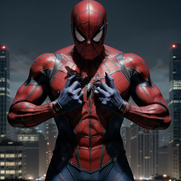 (best quality,4k,highres,masterpiece:1.2),portrait,Thomas Grant Gustin as Spider-Man,superhero,red and blue suit,detailed mask,athletic build,intense gaze,confident pose,cityscape background,strong lighting,urban setting,vibrant colors,gritty texture,action-packed,web-slinging,dynamic composition,webbed hands,fierce expression,muscular physique,spider emblem on chest,arachnid-inspired agility,heroic stance,epic superhero movie poster,photorealistic,high contrast,with great power comes great responsibility