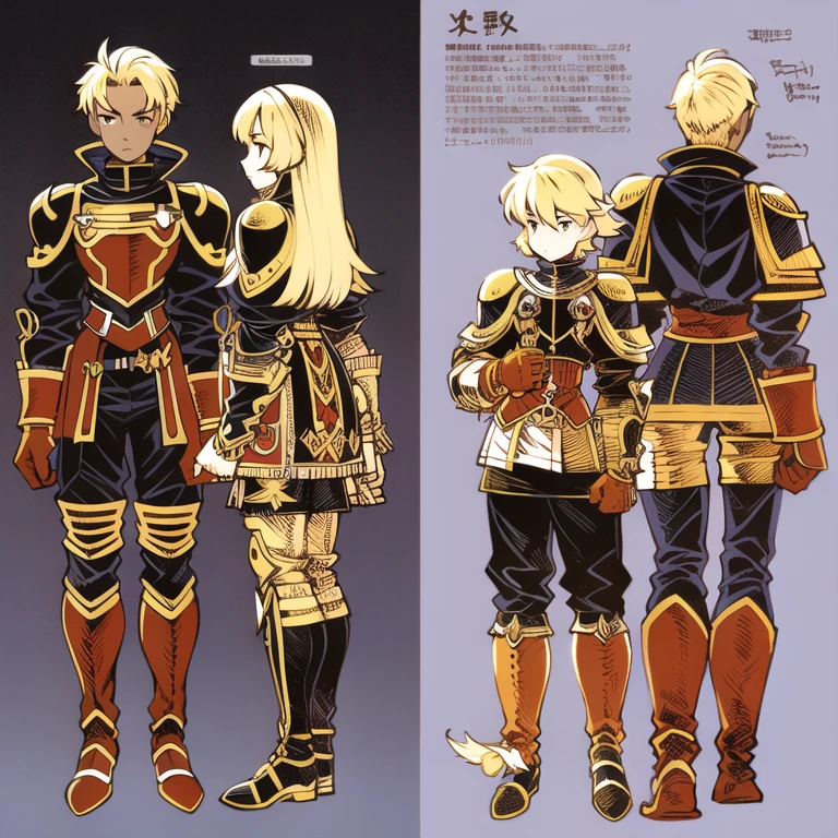(Character Design Sheet, (((same character))), front, Side, back), 2D anime style, 1 person, asexual,  long bangs, golden eyes, Brilliant eyes,cute art style, anime style illustration, from Kamagurka, in pixiv, pixiv style, pixiv, whole body commission, knight, dark skin, soldier