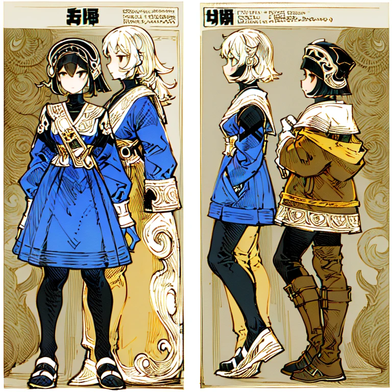 (Character Design Sheet, (((same character))), front, Side, back), 2D anime style, 1 person, asexual, long bangs, golden eyes, Brilliant eyes,cute art style, anime style illustration, from Kamagurka, in pixiv, pixiv style, pixiv, whole body commission