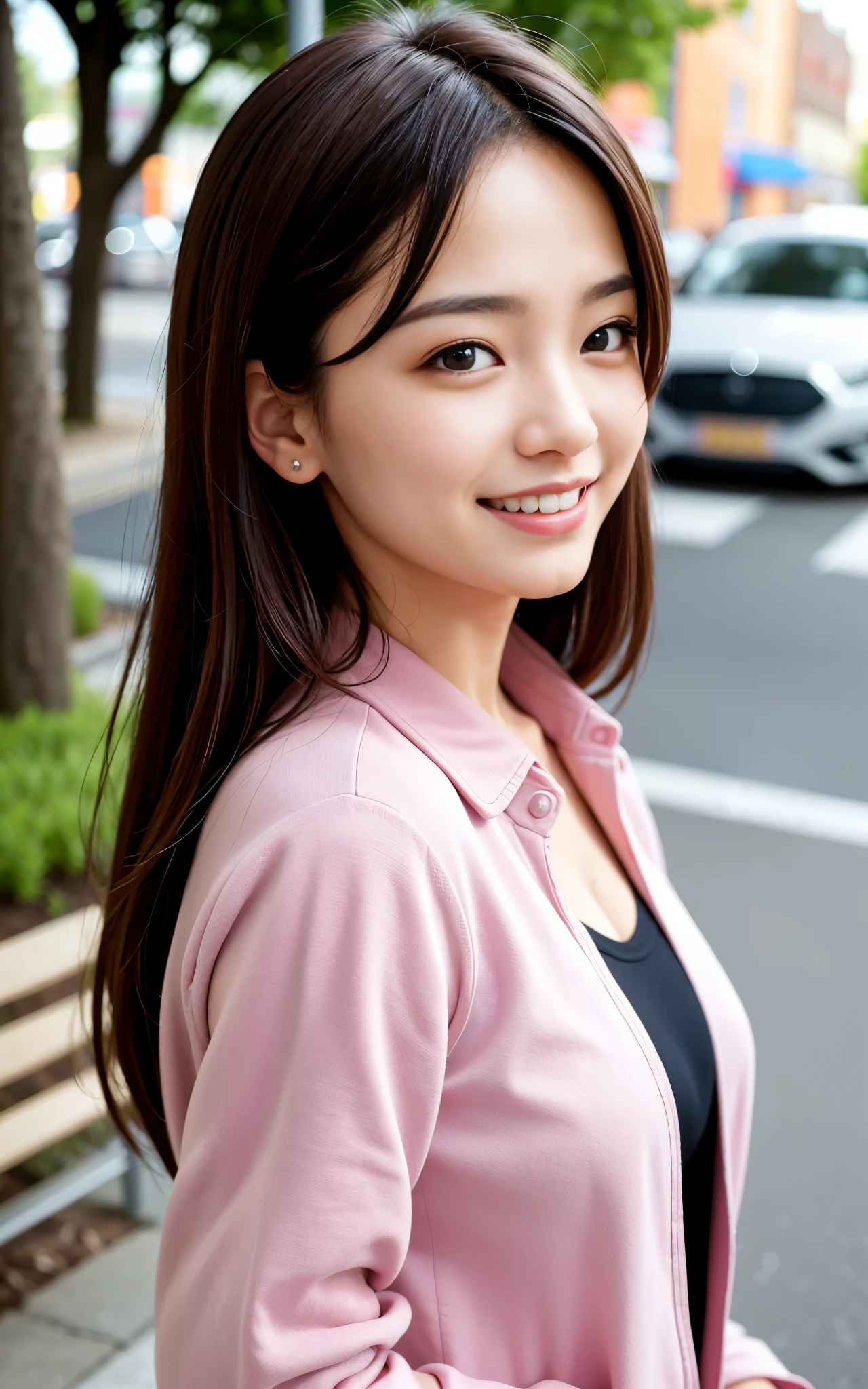 highest quality, figure, Ultra-detailed, finely, High resolution, 8K Wallpaper, 完璧なダイナミックな構figure, ((Sexy pose)), Beautiful Skin, (Big Eyes), 20 year old beautiful girl, Natural color lip, Mid chest, smile, Highly detailed face and skin texture, Detailed eyes, Double eyelid,leaking teeth and laughing, close-up, from side, Brown medium hair, (Pink jacket), (shirt:1.2), Tree-lined street