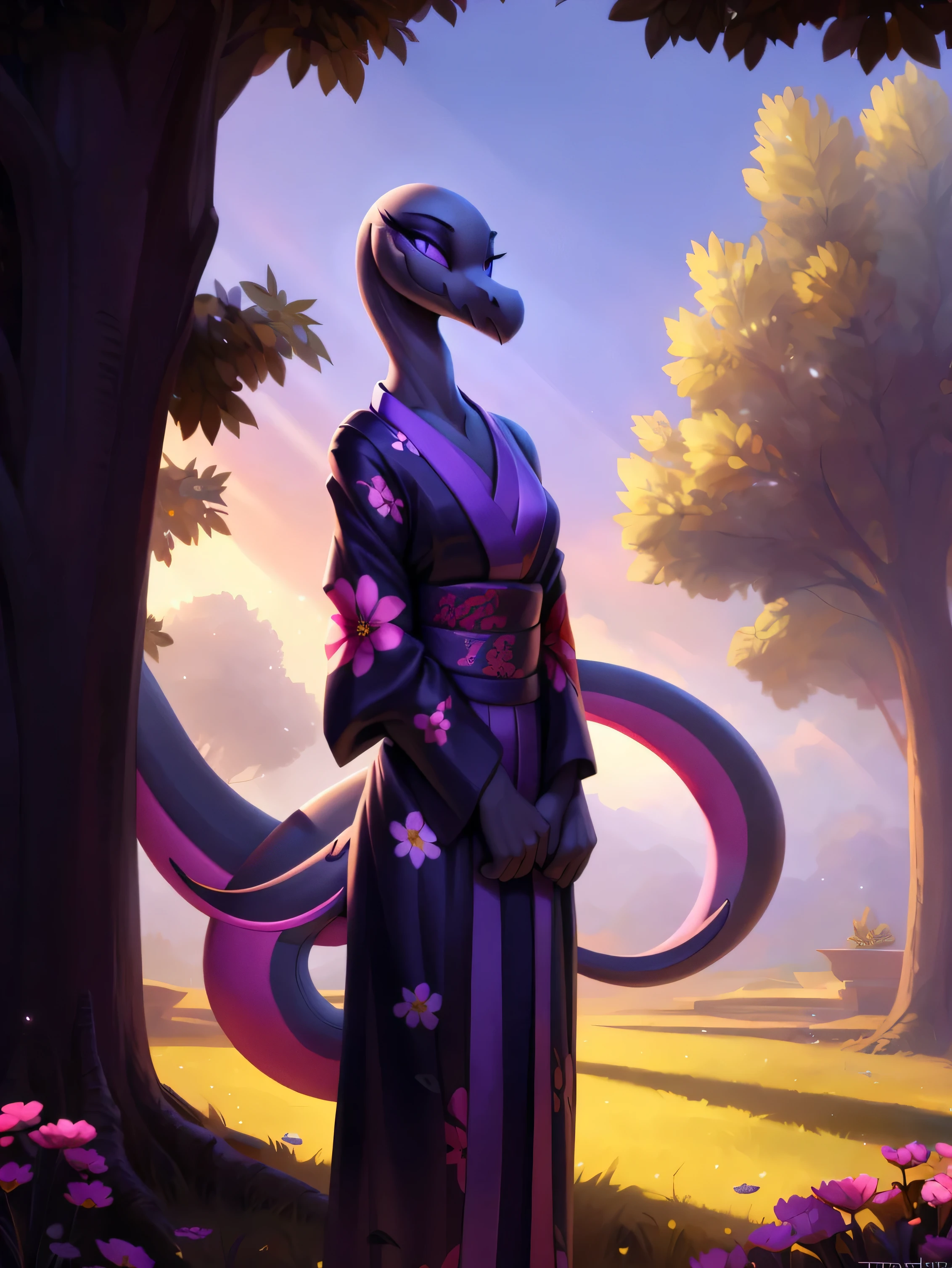 uploaded on e621, ((Salazzle)) by Pixelsketcher, by Bayard Wu, by Thomas Benjamin Kennington , by Einshelm, solo anthro, (( portrait)), BREAK, ((kimono:1.2)), , ((wearing long flowing kimono, black kimono, kimono with flower pattern, fully clothed)), (detailed Bonifasko lighting), (detailed scales), (detailed skin), (female Salazzle), BREAK, ((long flowing tail)), ((facing viewer)), (cinematic lighting), ((detailed background)), ((full body portrait view)), (((full body view))), (half body shadow), [backlighting], [crepuscular ray], [detailed ambient light], [gray natural lighting], [ambient light on the belly], (higher wildlife feral detail), [explict content], [sharp focus], (questionable content), (shaded), ((masterpiece)), furry Salazzle, reptilian face, furry Fantasy Art, furry Art, Commission for High Res, anthro Art, POV furry Art,Sakimichan beautiful, masterpiece, natural breasts, medium breasts, best quality, detailed image, bright colors, detailed face, perfect lighting, perfect shadows, perfect eyes, girl focus, purple eyes, flawless face, face focus, reptilian girl, scales, scales woman, dragon nose, large long muzzle, colorful scales, gaze at the viewer, half-closed eyes, 1girl, solo, full body, (masterpiece:1.21), (best quality:1.2), (illustration:1.2), (cinematic lighting:1.3), detailed scales, balanced coloring, global illumination, ray tracing, good lighting, scales, anthro, looking at viewer, smiling