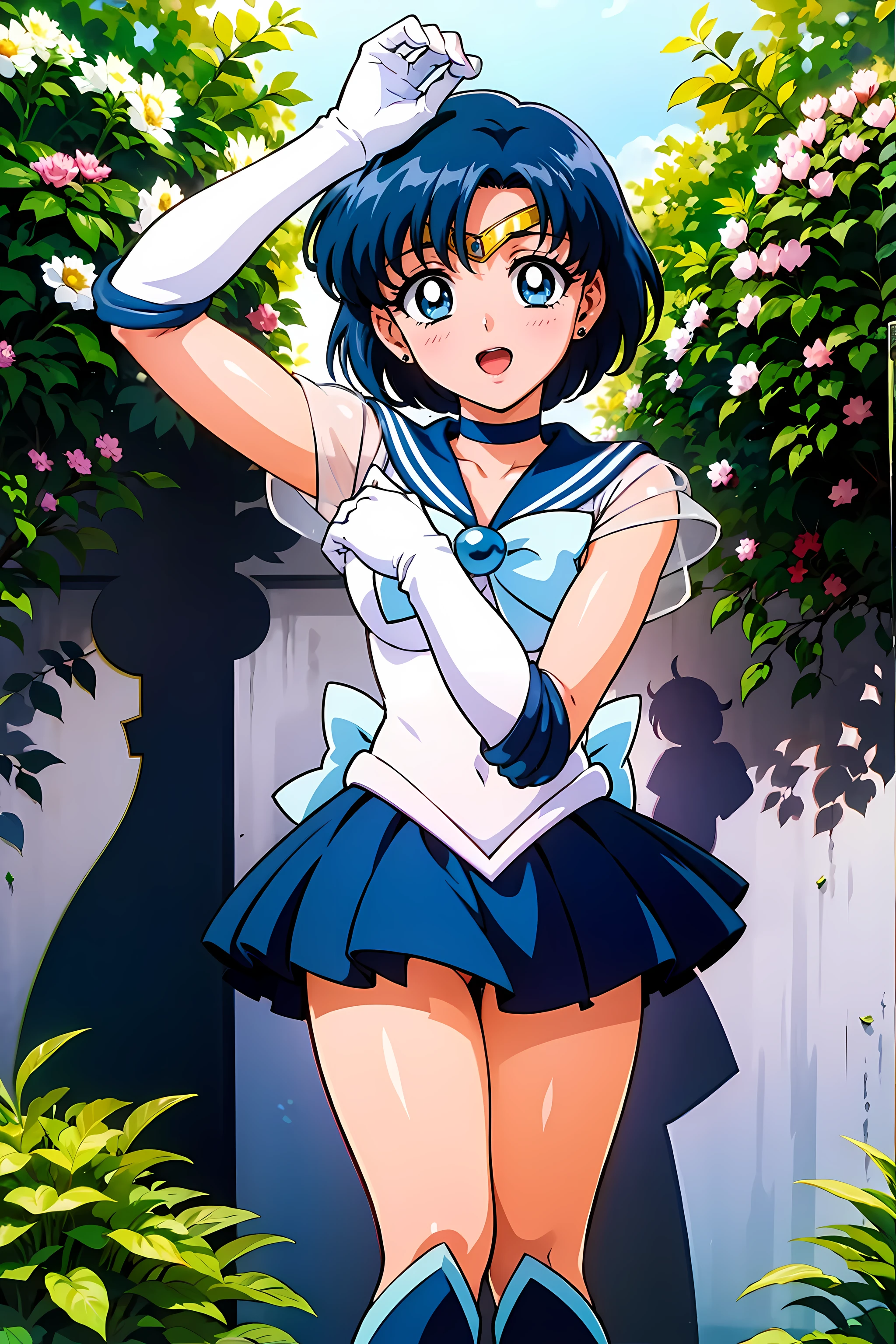 (highest quality:1.3),(ultra-Familiar:1.5),High resolution,extremely Familiar CG,unity 8k wallpaper,Official Art,Familiar,super Familiar skin,Perfect Anatomy,beautiful Familiar eyes,(Anime screenshots:1.11),Very delicate and beautiful,(90s Anime,90s Anime style,cell shaded anime:1.17),1 girl,alone,anmnr,
(mer1,1:1.52)), tiara, Sailor senshi Uniforms, Blue sailor collar, bow, Knee Boots, choker, White gloves, blue choker, elbow gloves, jewelry, Earrings, Blue Skirt,
((garden :1.2)),At dusk, ((Recommended for scenes with strong dark shadows:1.2)), Golden Flower ,Beautiful magic style, intense, Concept Art, Digital Painting,
blush, Open your mouth,Wind lift, Sexy pose, Outdoor,