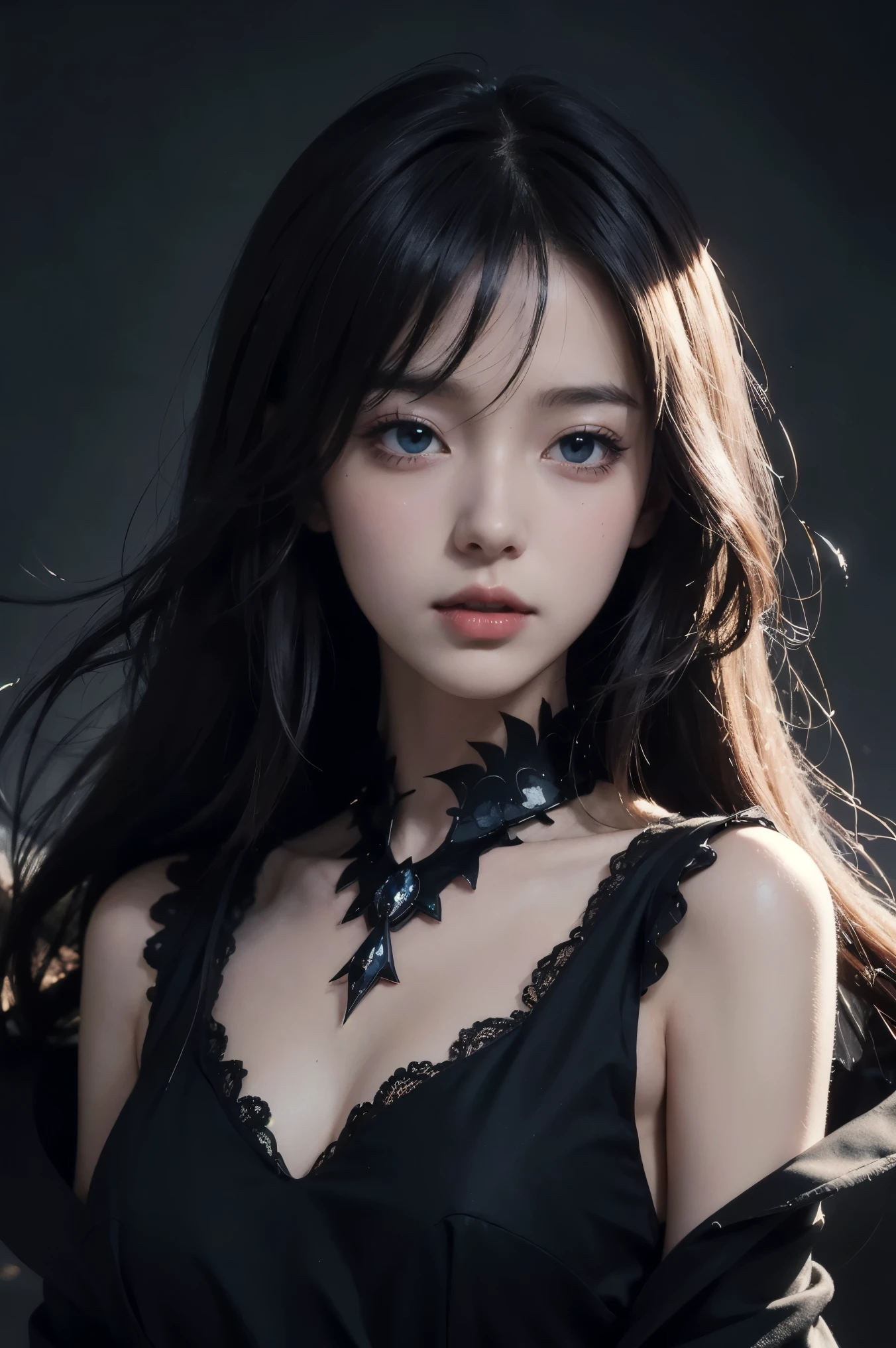 (UHD, retina, masterpiece, accurate, anatomically_correct, textured_skin, super_detail, high_details, high_quality, best_quality, high_res, 1080P, HD, 4K, 8k, 16k), (beautiful_detailed_eyes, beautiful_detailed_lips, extremely_detailed_eyes_and_face), soft_lighting, physically-based_rendering, vivid_colors, (large_breasts:1.5), (shiny_hair, shiny_skin, tanned_skin, blush), (bangs:1.5), eye_reflection, (bokeh), semi-profile_view, (gothic_horror:1.5),