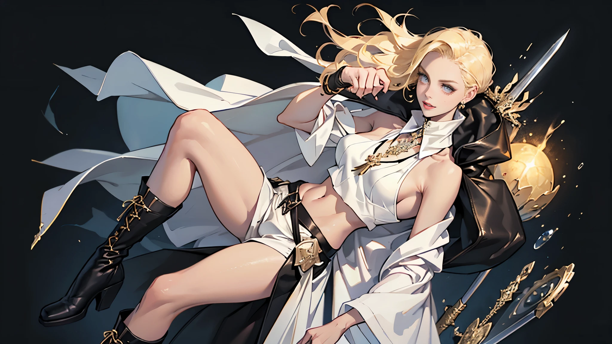 (woman), masterpiece, ultra detailed, 8k portrait, RAW photo, portrait photography, highly detailed face, beautiful and meticulous eyes, ((Fantasy)), 1 woman, solo, (((cool face))), grin, young beautiful, 26 years old, (((drooping eyes))), dynamic pose, are standing, (((Slicked back blond hair))), (((white skin color))), Luxury, ((white and gold lightly sleeveless dressed)), (navel:1.3), ((loincloth)), (((black short pants))), (((big collar transparent long cloak))) fluttering in the wind, (((leather boots))), wearing lot of many accessory, ((jewel necklace)), (((holding a short sword))), neckline, Midday Sun, hyper realistic, athletic body, beautiful real sculptural body, big breasts, Beautiful breasts, Long legs, in the medieval european merchant guild, Ambient lighting, Shadow details , Camera focus on thigh, strong breeze, Light fog