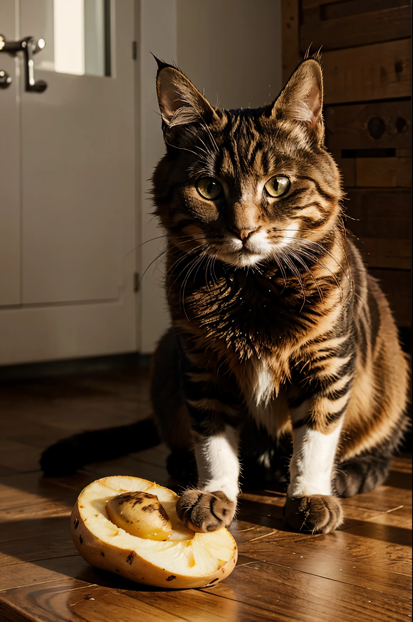 Cat eating masshed potato