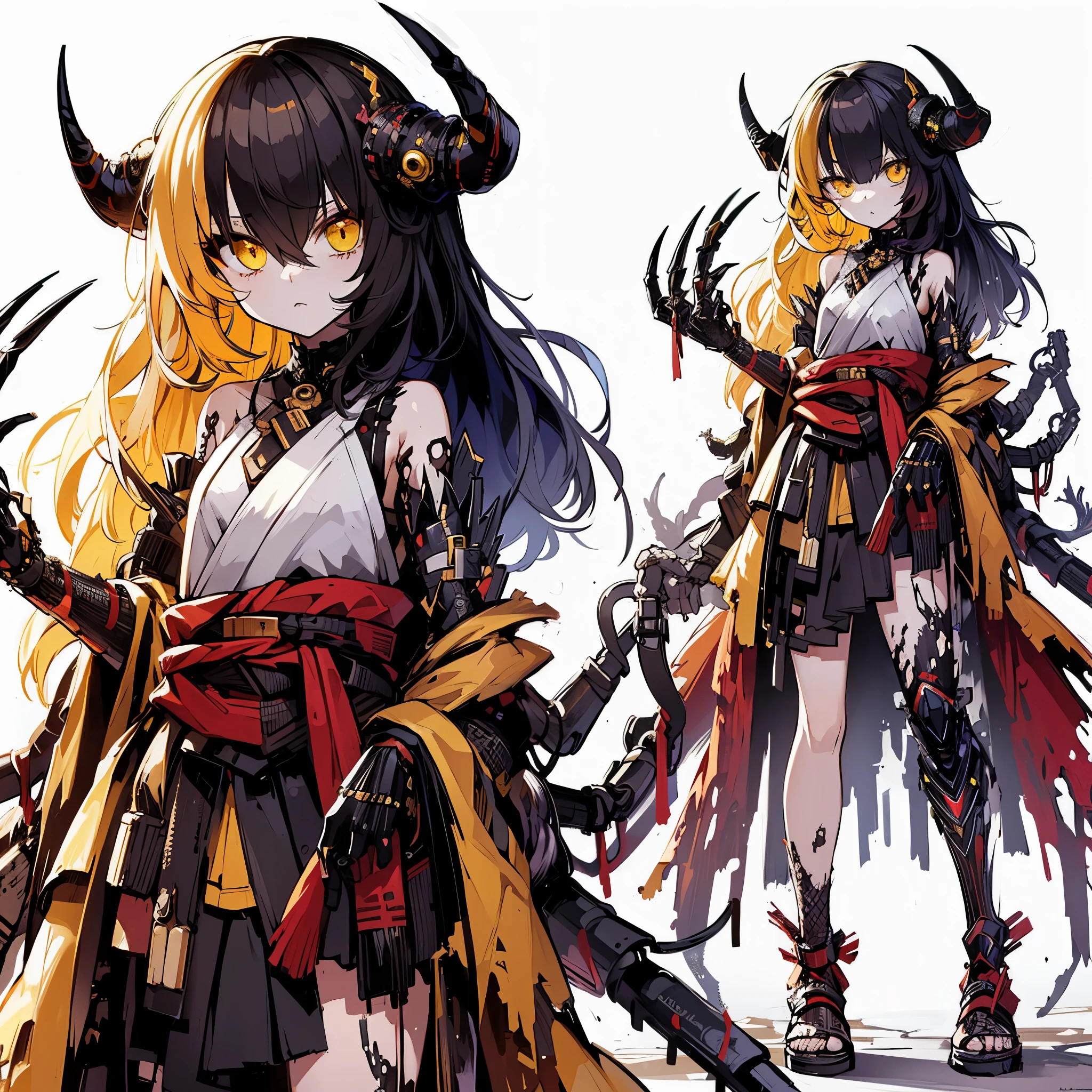 (Masterpiece, top quality), (detailed hair), super detailed, anime style, full body, solo, concept art, cyberpunk demonic girl, neck-length black-yellow hair, gold eyes, right hand converted to cybernetic terrifying claw. cyber-kimono, and torn red scarf, cybernetic long horned, wearing tabi sandal, white background, whole body, standing in wasteland,
