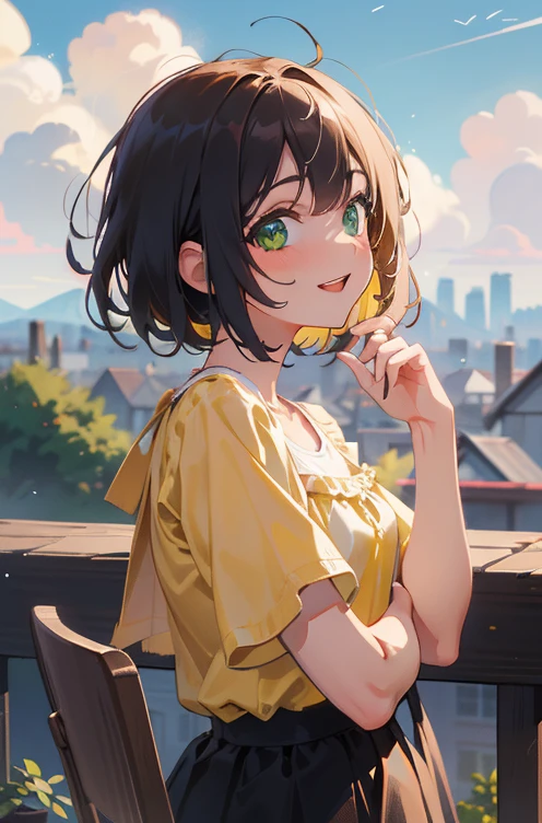 (masterpiece), (highest quality), Ultra-high resolution, Sharp focus, ((1 female, alone)), Upper Body, Photo profile shots, Beautiful detailed hair, Chestnut Hair, Fluffy short bob hair, yellow blouse shirt, Black mini skirt, Beautifully detailed face, ((Beautifully shaped eyes, Green Eyes)), Perfect feminine face, Comfortable face, View Viewer, smile, Open your lips, City in the morning clouds, meteor, Comfortable clothing for cloudy days