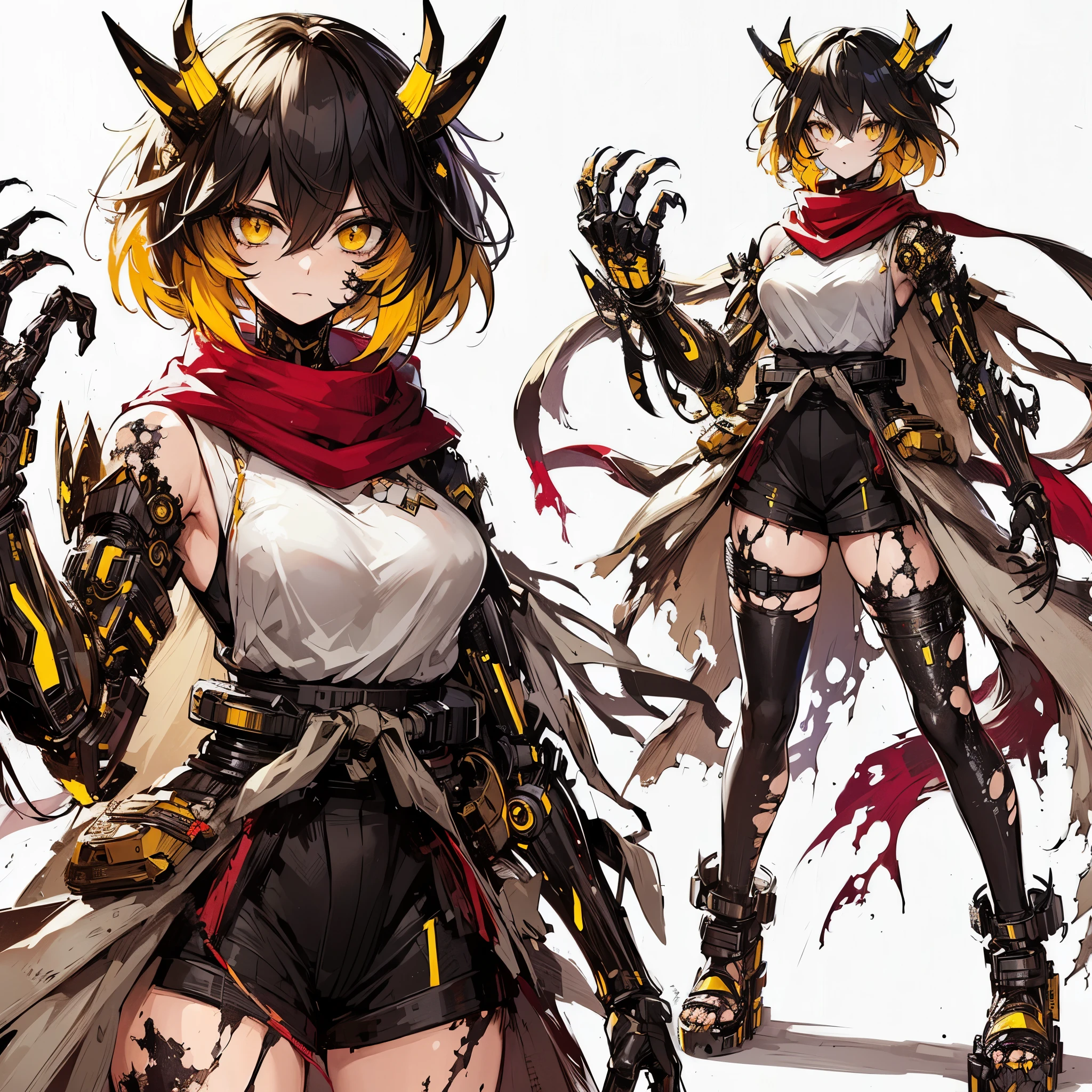(Masterpiece, top quality), (detailed hair), super detailed, anime style, full body, solo, cyberpunk fighter girl, neck-length black-yellow hair, gold eyes, right hand converted to cybernetic terrifying claw. cyber-kimono, and torn red scarf, cyber horned, wearing tabi sandal, white background, whole body, standing in wasteland,
