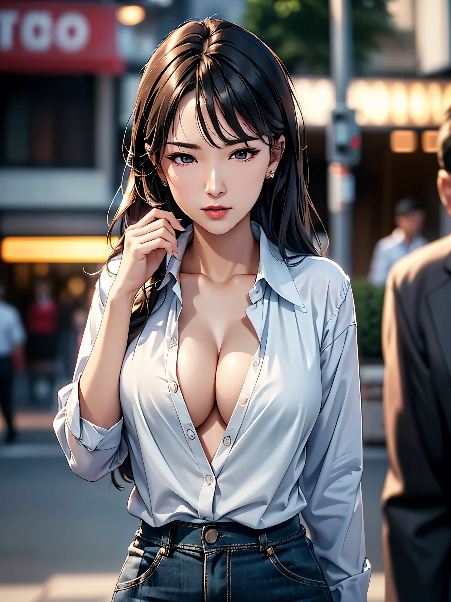 (((Practical photography))),, portrait, (seductive face:1.3),, beautiful girl, Looking at the audience, , (Uniforms:1.2), Button up your shirt and pants, , (Full cleavage:1),, in japanese street, (environment details:1.3),, (original photo, CG Unity, photography, ultra Practical details, Clear focus, Delicate skin,4K, High resolution, masterpiece, best quality, Practical, Energetic:1.2),, (8k,4K, Ultra HD, high resolution, professional, Movie, Movie, dramatic),, (Anamorphic depth of field blurred background), Detailed background,
