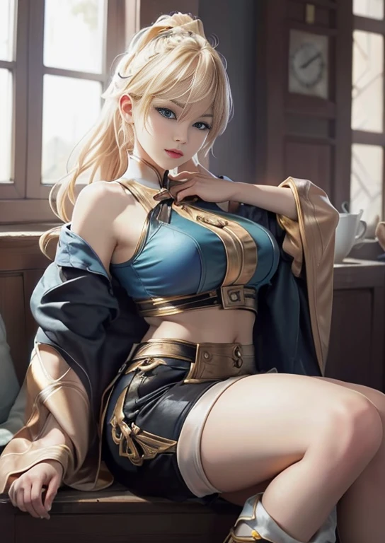 best quality, realism, real, photo: 1.4), Ji Xiaoman, Blond, blue eyes, hand on belly, big breasts, large breasts, thick legs, thights, sitting, knees up, open legs, real, photo"