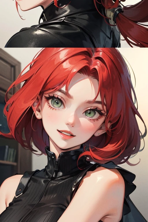 ((Best quality)), ((masterpiece)), (detailed), perfect face, red-haired tall woman with smooth straight bob with No bangs, green eyes, shotgun in her arms,, tough looking, smiling. 