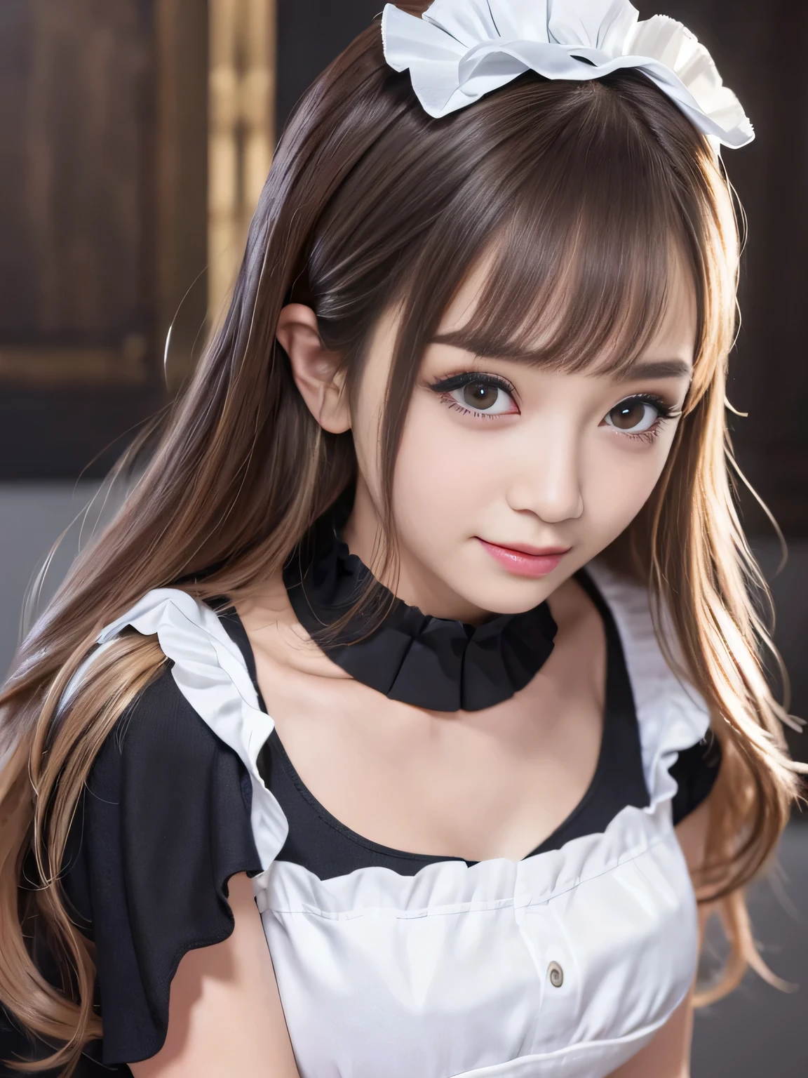 masterpiece、One girl per photo、Full Body Shot、Front view from the front、Young and beautiful woman in Japan、Wearing a cute short-sleeved satin silver black maid outfit、With a big smile、White ruffled headband、White frilly apron、Black choker、Attractive person、Super cute face、Glossy Lips、Body covered in sweat、Double eyelids on both eyes、 Natural Makeup、Long eyelashes、Long Bob Hair、Shiny and smooth light brown hair、Asymmetrical bangs、Sunburned skin、Center image、8k resolution、Advanced Details、Detailed hairstyle、Detailed face、Great cinema lighting、Octane Rendering、Vibrant、Ultra-realistic、Perfect limbs、Perfect Anatomy、huge
