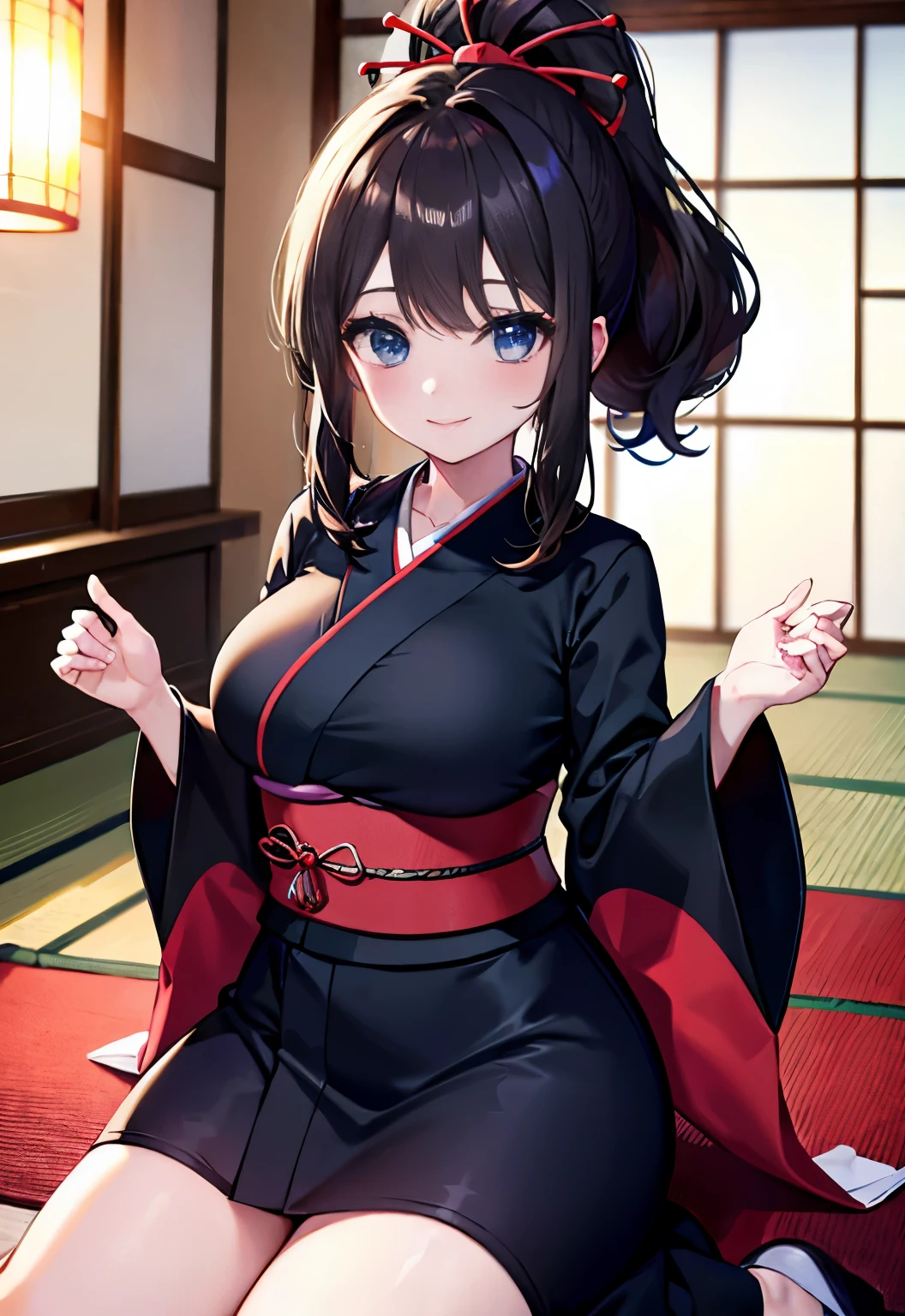 Brunette，blue eyes，Long hair，High Ponytail，Black Kimono，Japanese Room，Douzi【Pokemon】blush，Smile，Large Breasts