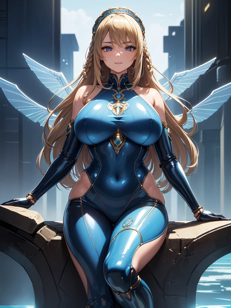 (((masterpiece))), (((best quality))), ((ultra-detailed)), (illustration), ((an extremely delicate and beautiful)), ((super detail)), ((high resolution)), (((20 years old))), metallic cloth, (maid), (android), ((mechanical wings)), delicate metal decorations, gleaming skin, shiny body, two legs, breast focus, (((tall))), slender legs, ((big round eyes)), cute eyes, drooping eyes, ((adult)), two hands, five fingers, no extra hands, elegant smile, braid, medium length hair, ((metallic sly blue)), (see-through), (dark blonde), biopunk, cyberpunk, (ultra-huge breasts), safe for watch, (shining brightly), pool side, outdoor,