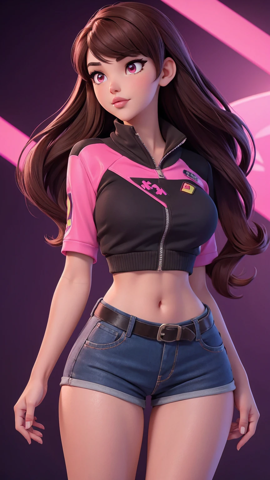 18 year old, brown hair, pink eyes, cute pose, D.Va, very short shorts, crop top