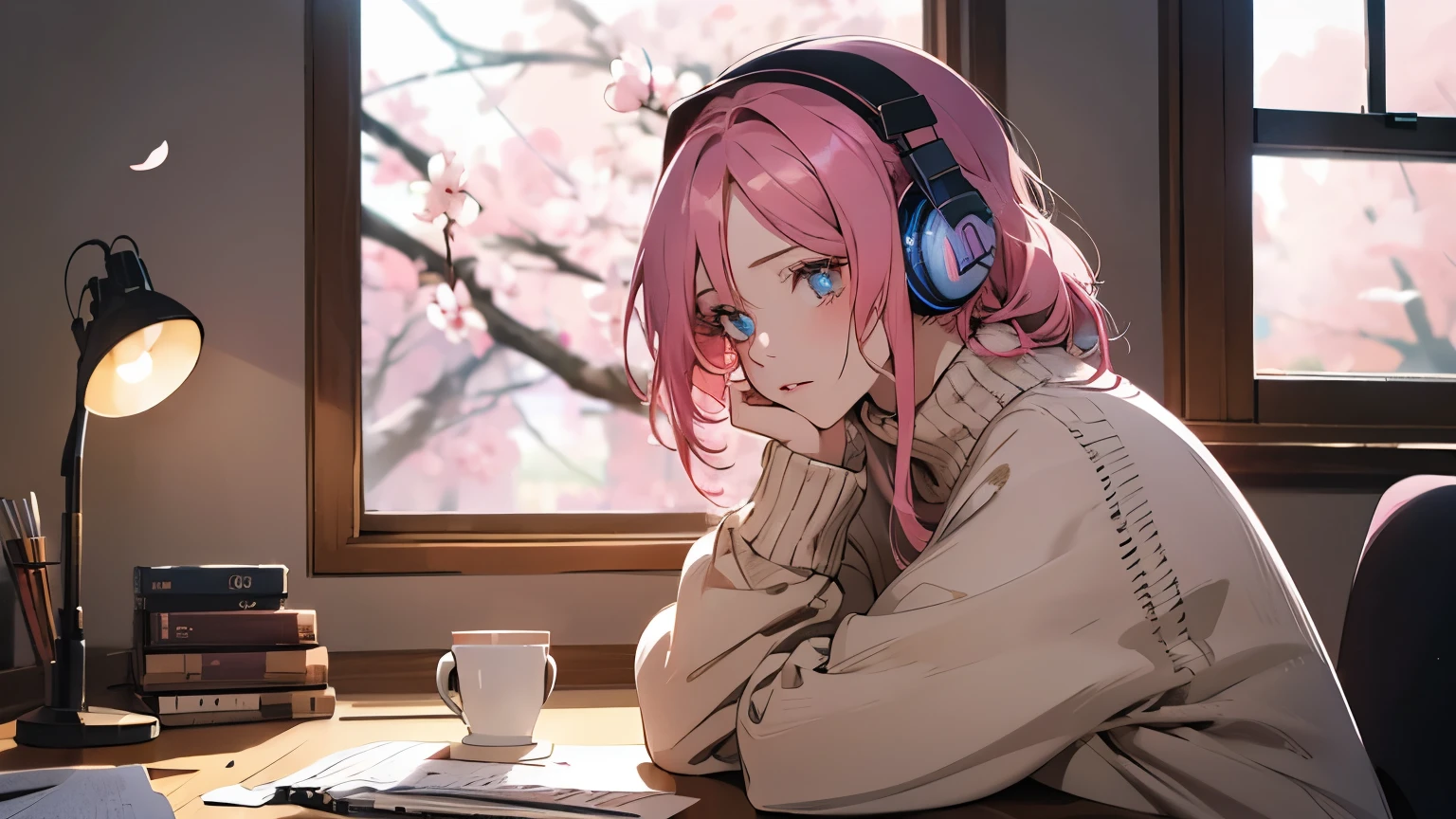 illustrator, anime , realistic ,sketch , Beautiful girl studying at her desk while listening to music on headphones in her room, warm lighting, cherry blossoms blooming outside her room window, ,lip, Sweater,order, Blue gradient background, Neon hair,Textured crop, Canadian, (masterpiece,best quality)